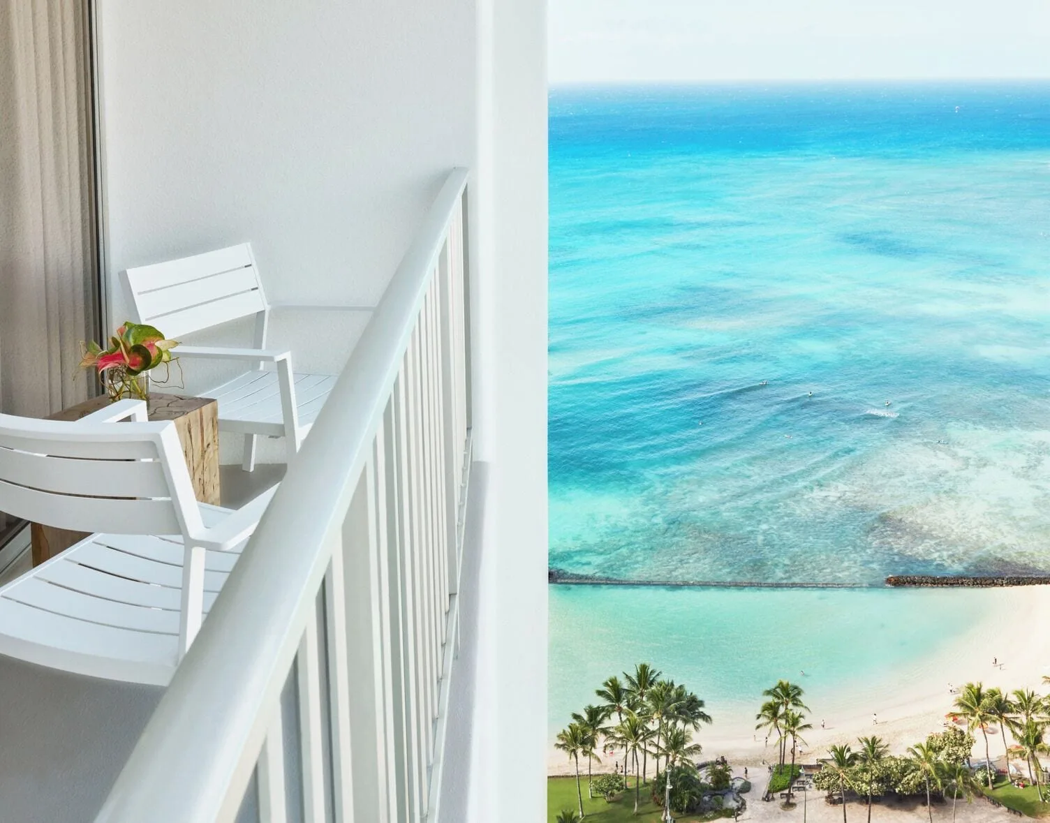 Room balcony with ocean and Waikiki Beach view at 'Alohilani Resort Waikiki Beach.