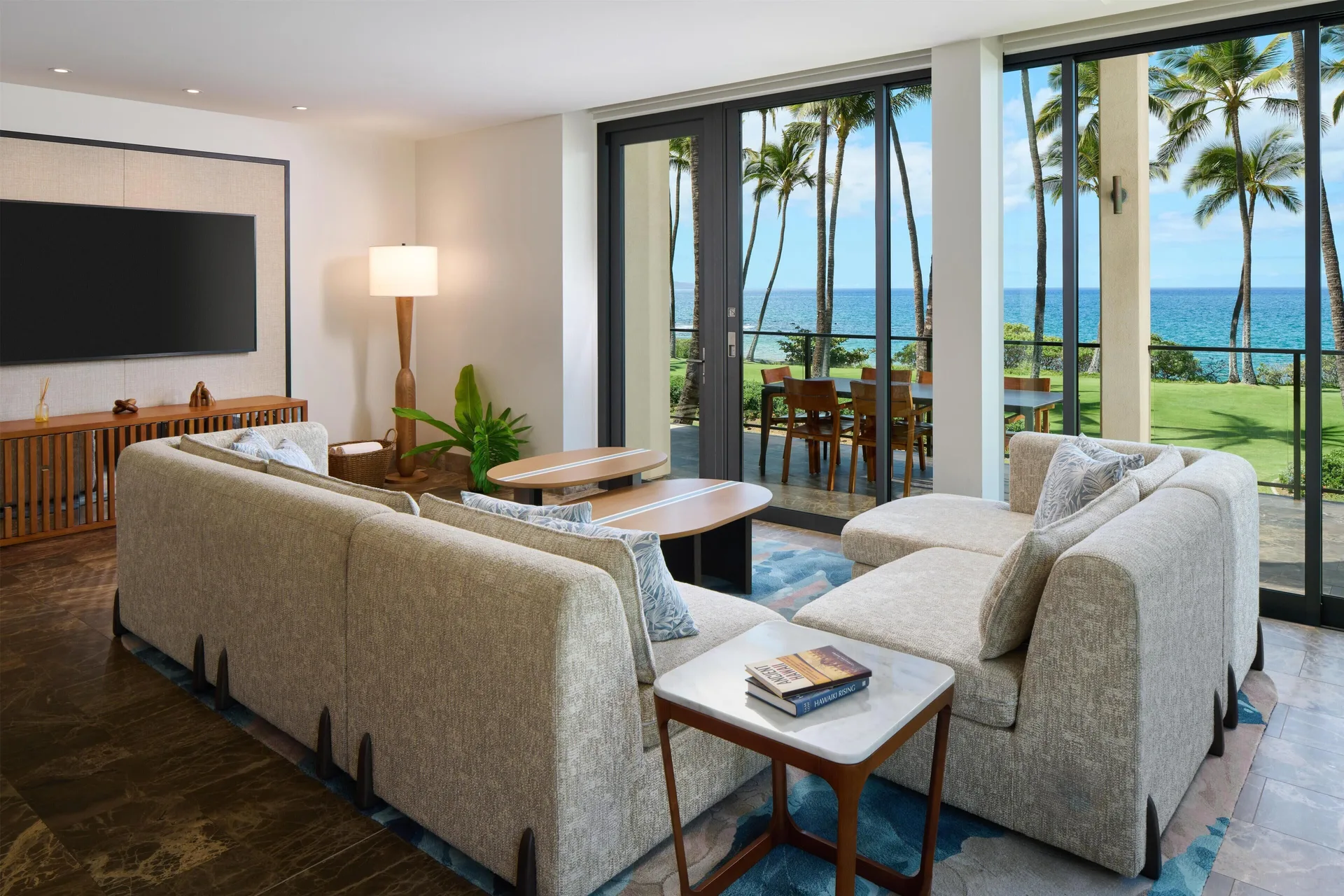 Oceanfront villa living room with lanai at Andaz Maui at Wailea Resort.