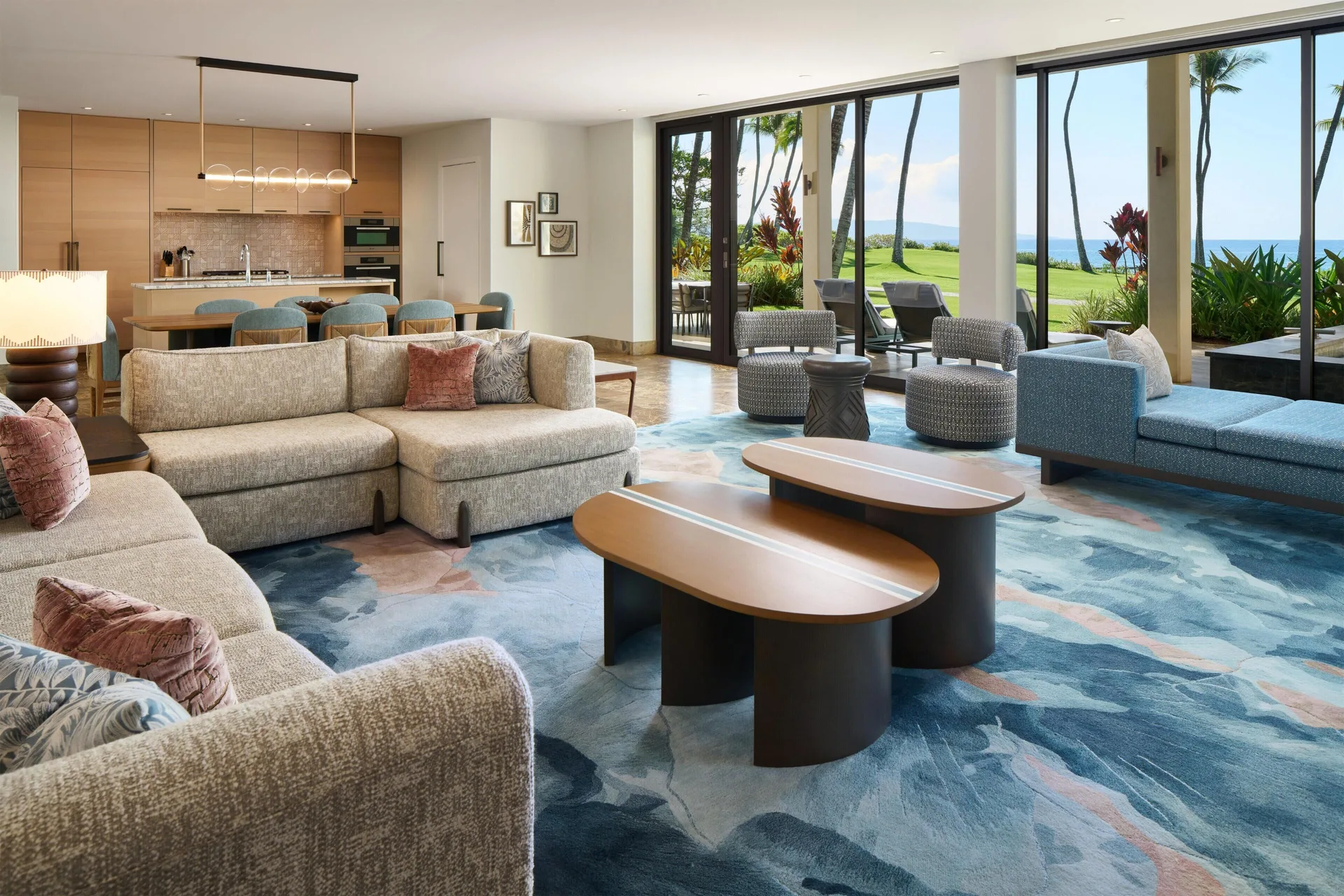 Oceanfront villa living room and kitchen with ocean view at Andaz Maui at Wailea Resort.