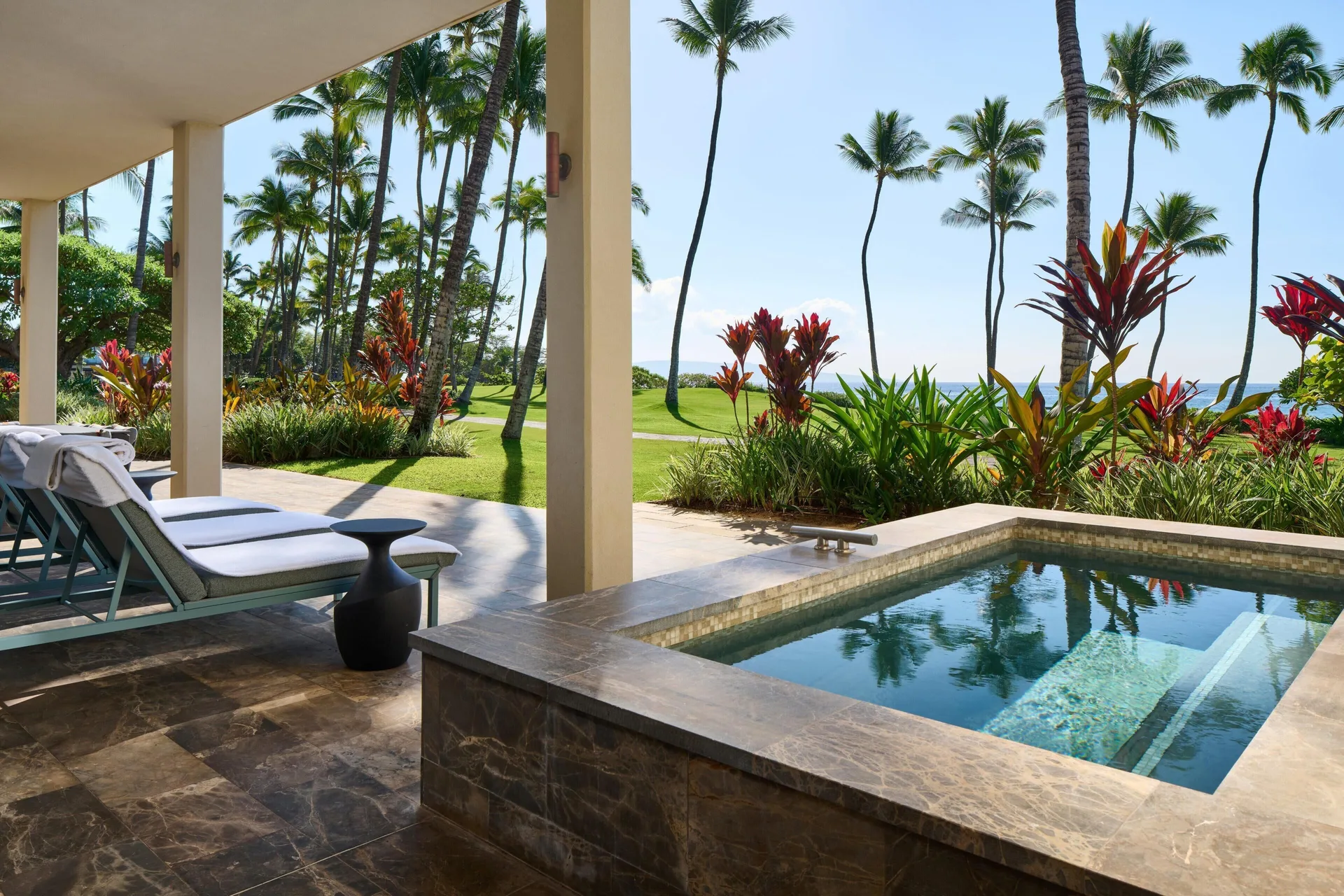 Oceanfront villa terrace plunge pool with palm and ocean views at Andaz Maui at Wailea Resort.