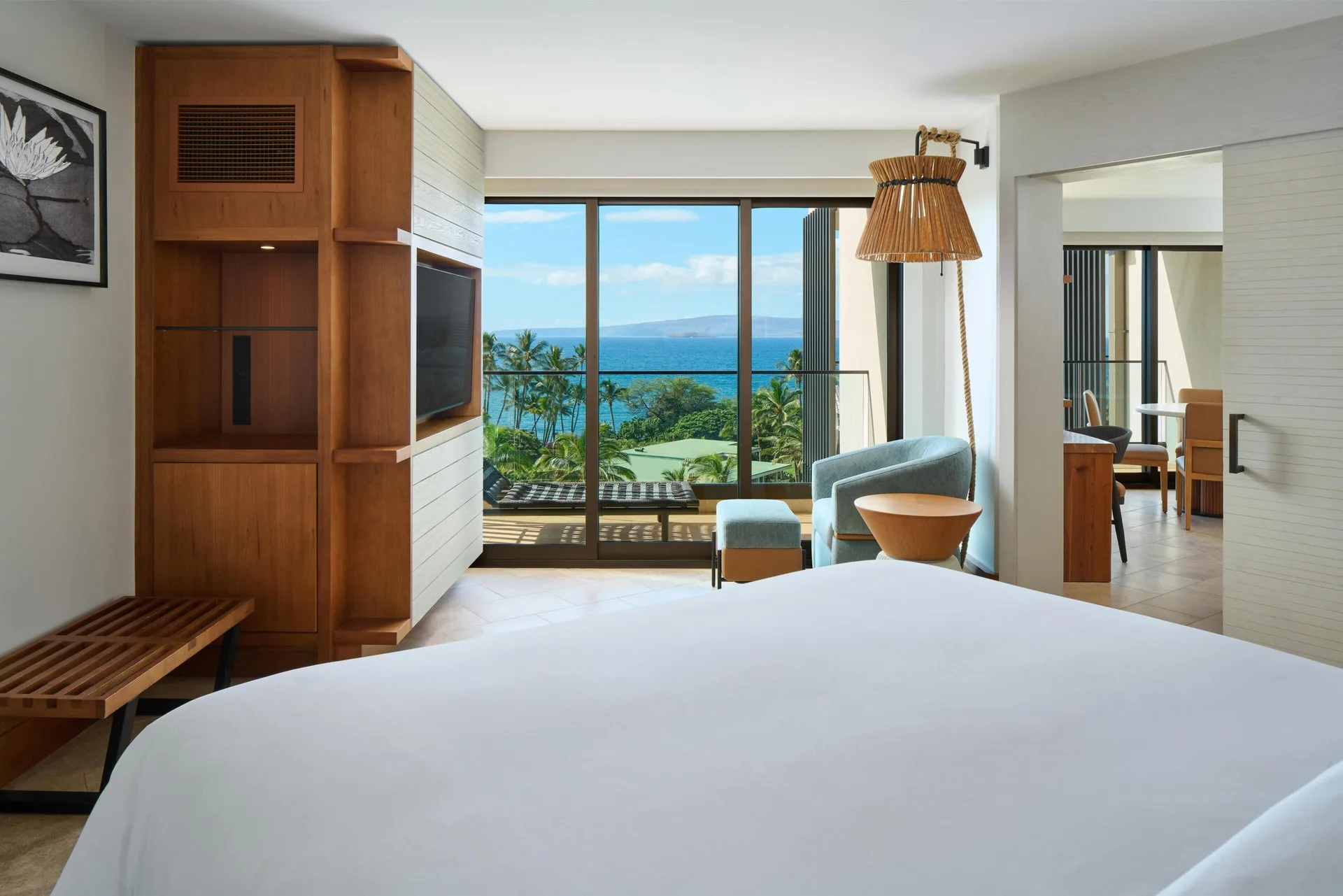 Ocean View Suite bedroom with ocean-facing lanai at Andaz Maui at Wailea Resort.