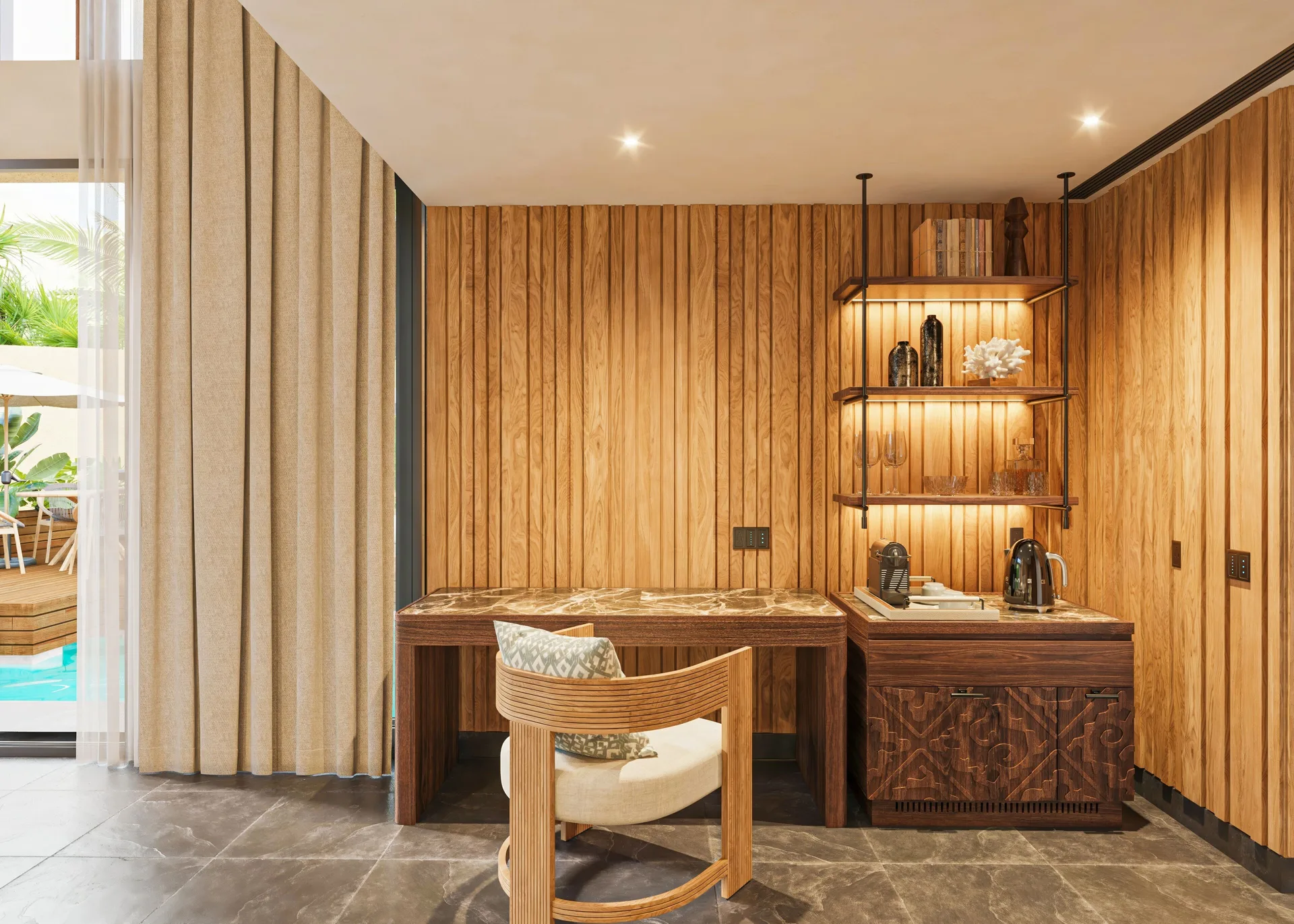 Bliss Pool Villa desk and refreshment area with pool view at Banyan Tree Mayakoba.