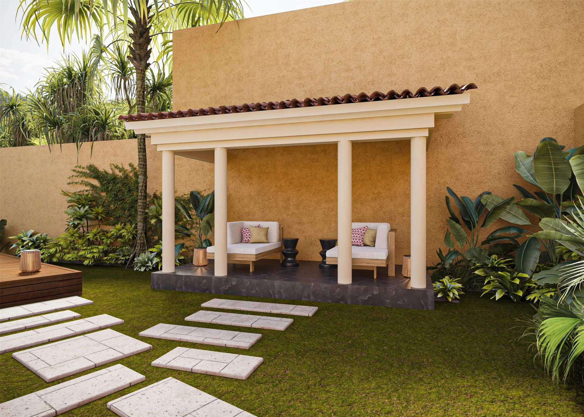 Bliss Pool Villa garden pavilion with lounge chairs at Banyan Tree Mayakoba.