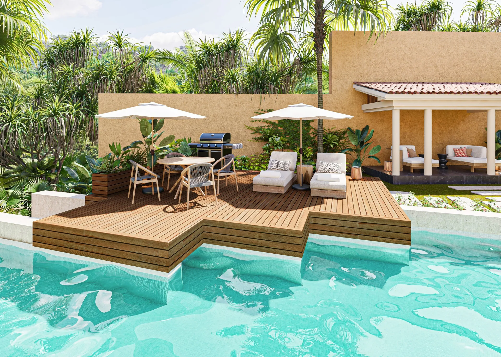 Bliss Pool Villa pool deck with loungers, umbrellas and grill at Banyan Tree Mayakoba.