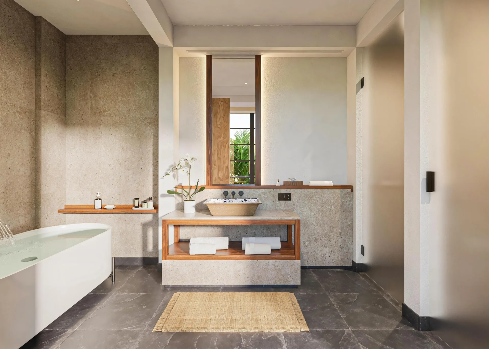 Bathroom with soaking tub in the Harmony Two-Bedroom Lagoon Pool Villa at Banyan Tree Mayakoba.