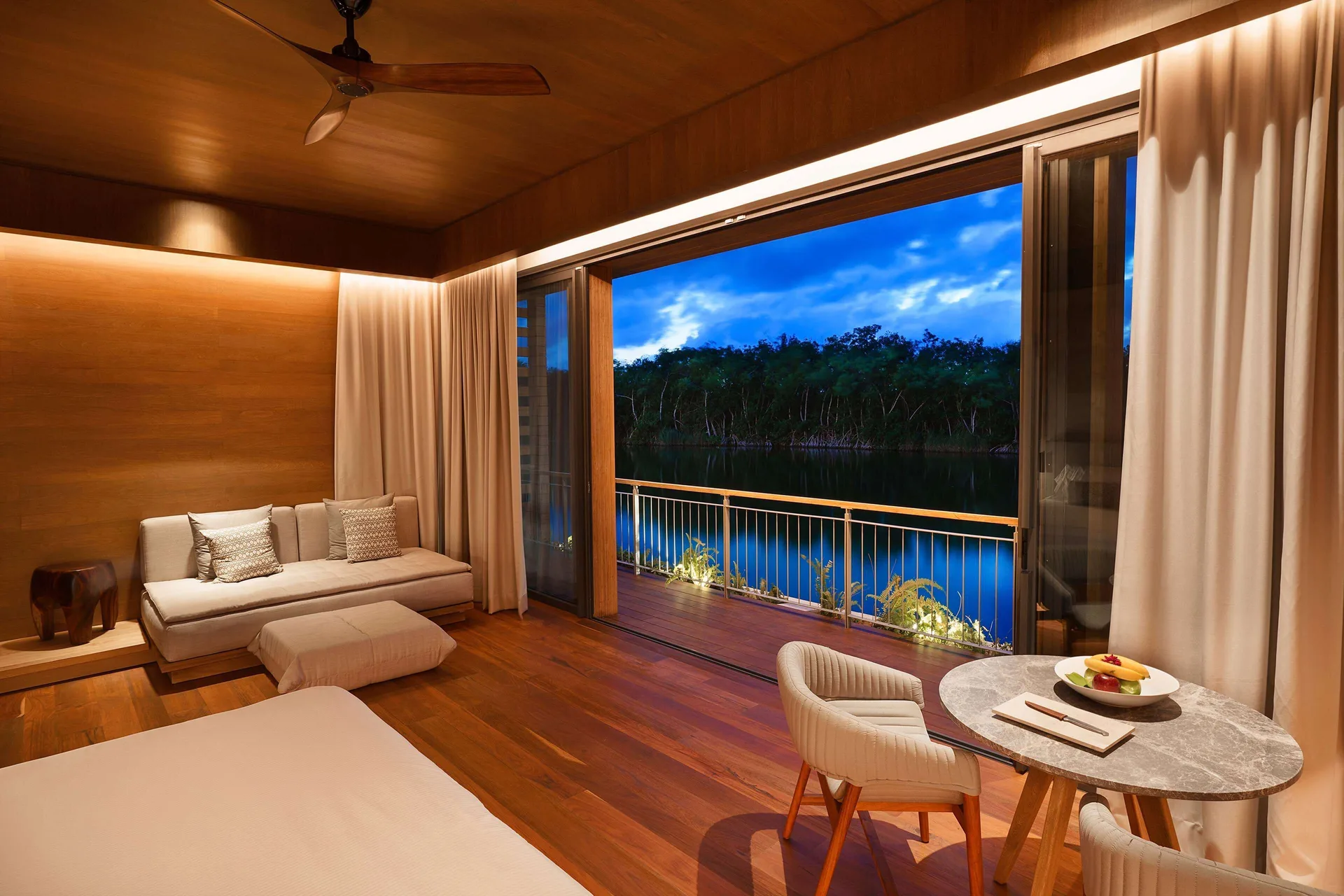 Lagoon & Sunset Rooftop Pool Villa bedroom balcony view at Banyan Tree Mayakoba.