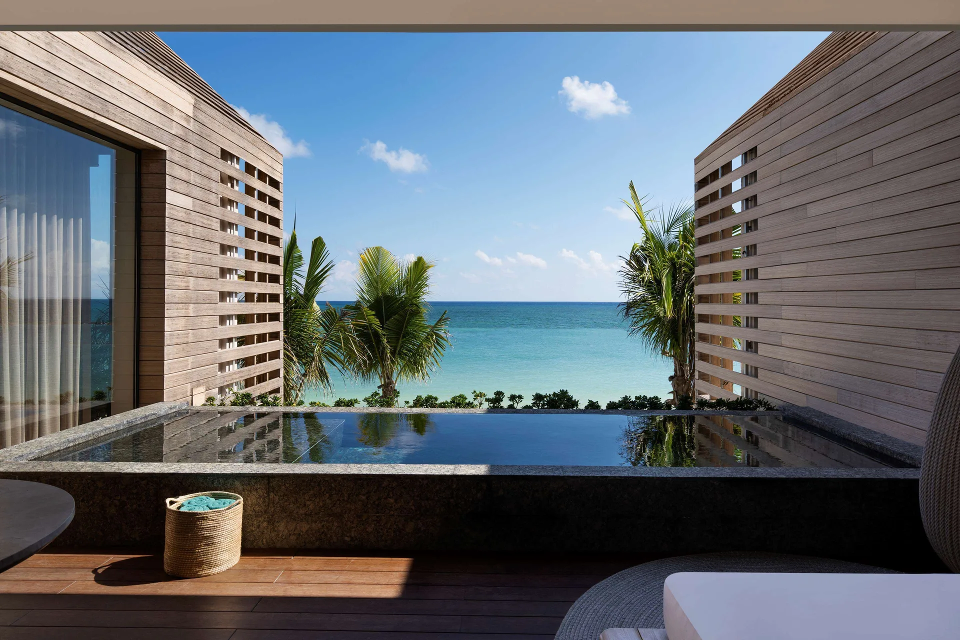 Oceanfront Balcony Pool Suite plunge pool and ocean view at Banyan Tree Mayakoba.