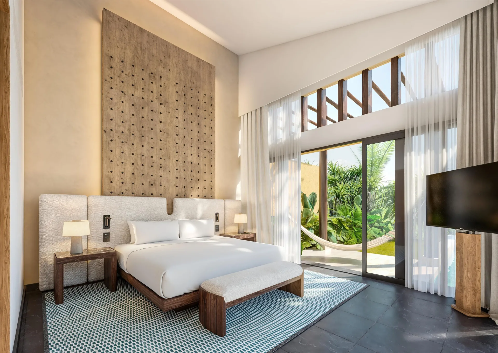 Serenity Pool Villa king bedroom with garden hammock at Banyan Tree Mayakoba.