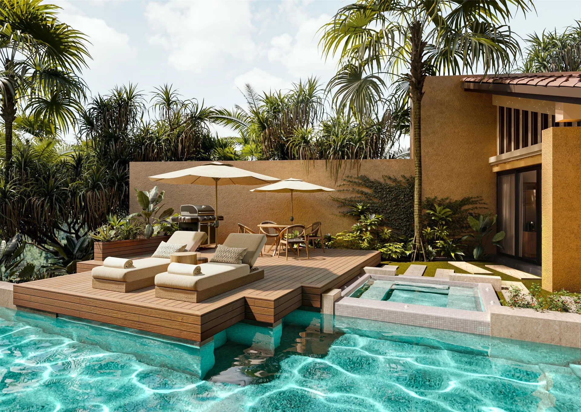 Serenity Pool Villa pool terrace with loungers and hot tub at Banyan Tree Mayakoba.
