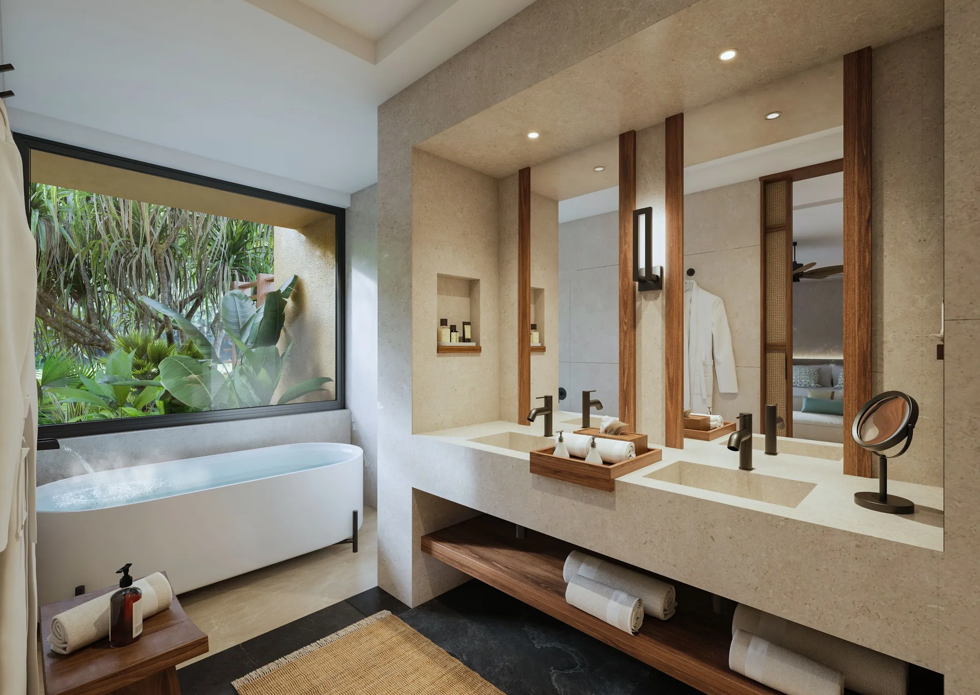 Bathroom with soaking tub in a Three-Bedroom Family Residence at Banyan Tree Mayakoba.