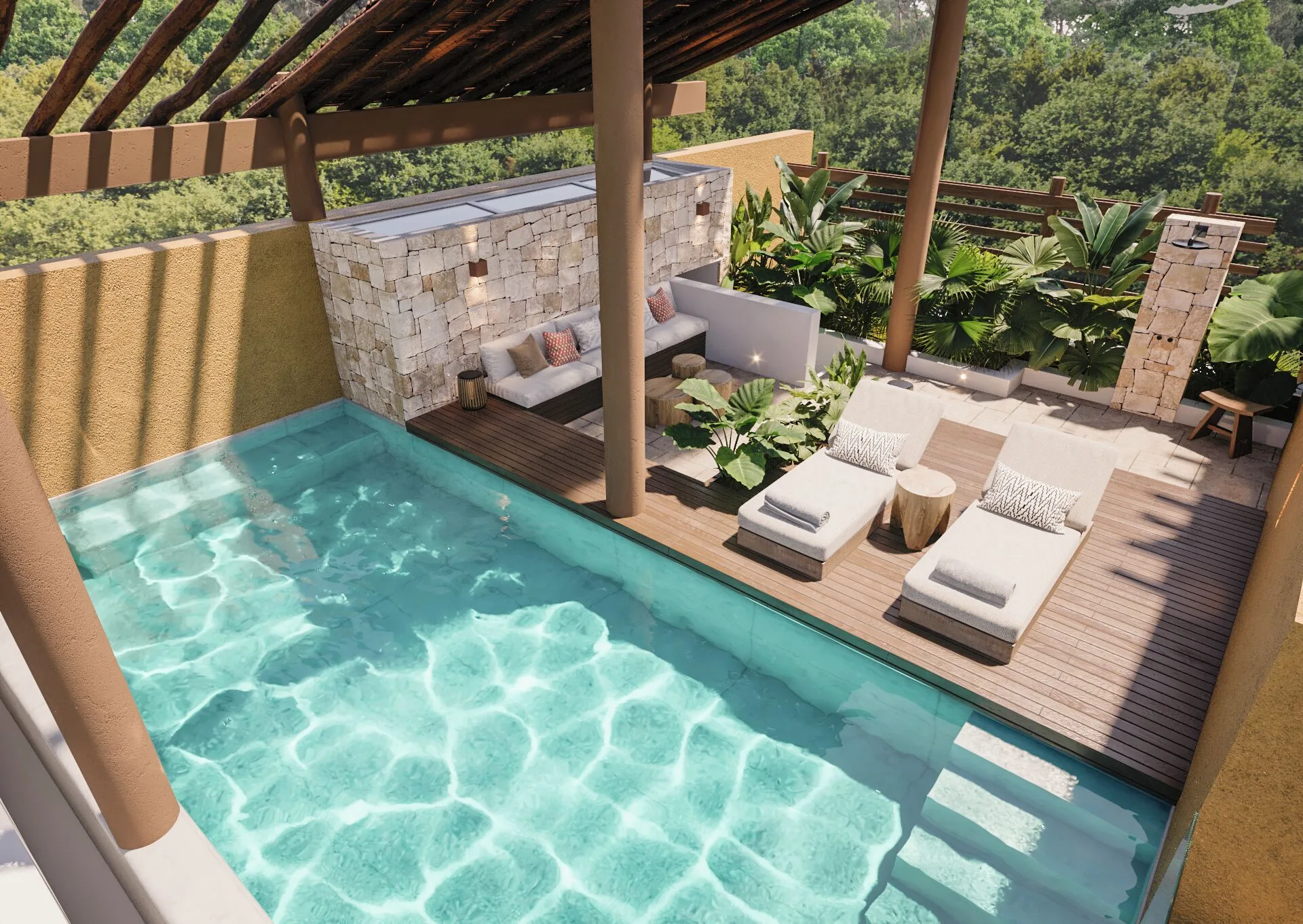 Private pool terrace in a Three-Bedroom Family Residence at Banyan Tree Mayakoba.