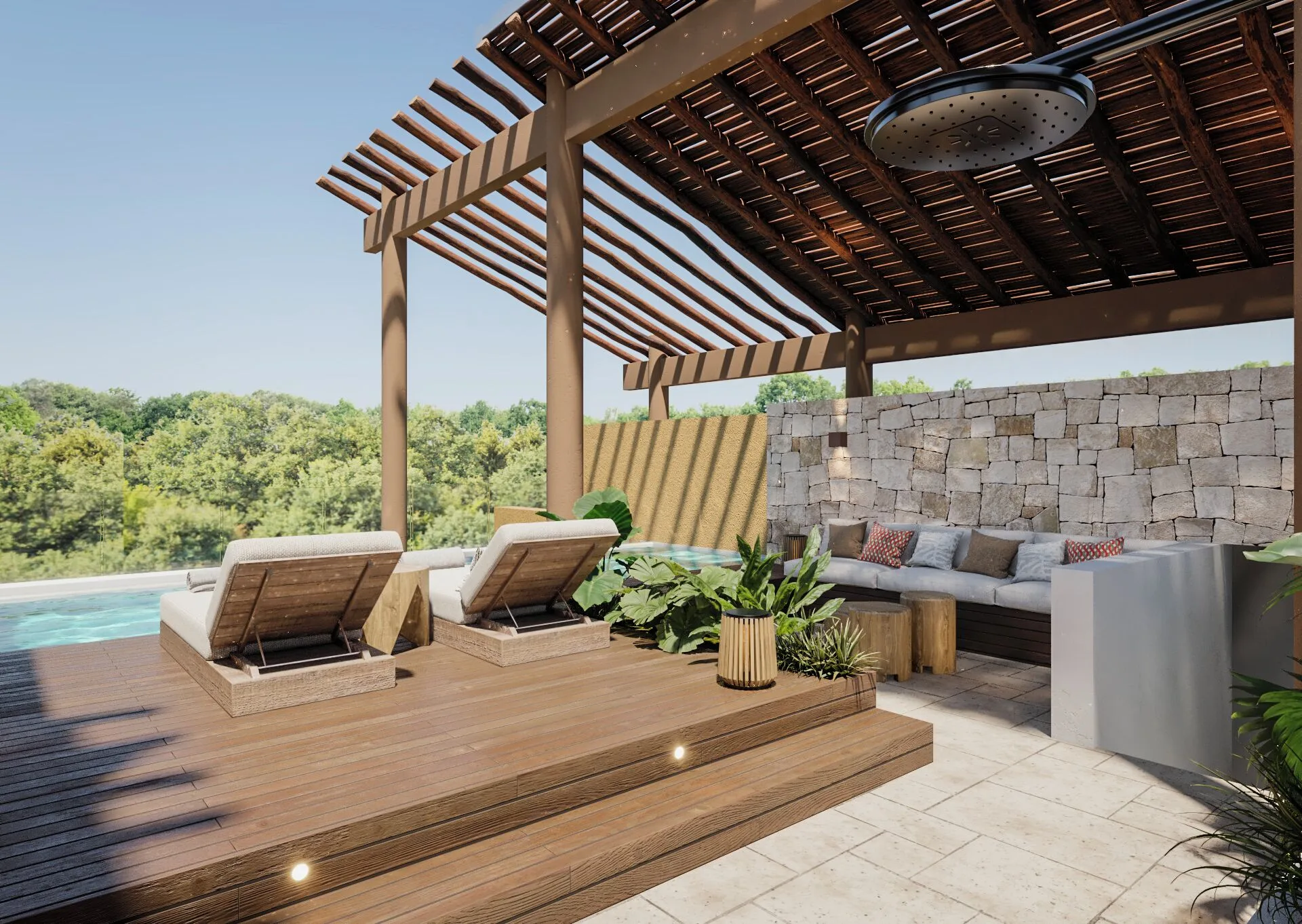 Rooftop pool deck seating in a Three-Bedroom Family Residence at Banyan Tree Mayakoba.