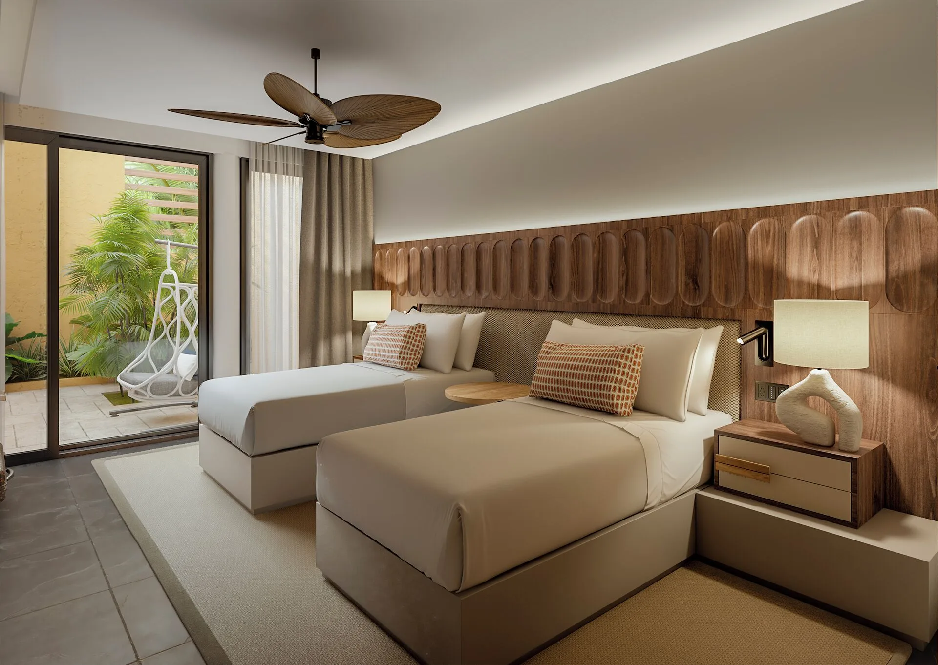 Three-Bedroom Family Residence twin bedroom and terrace at Banyan Tree Mayakoba.
