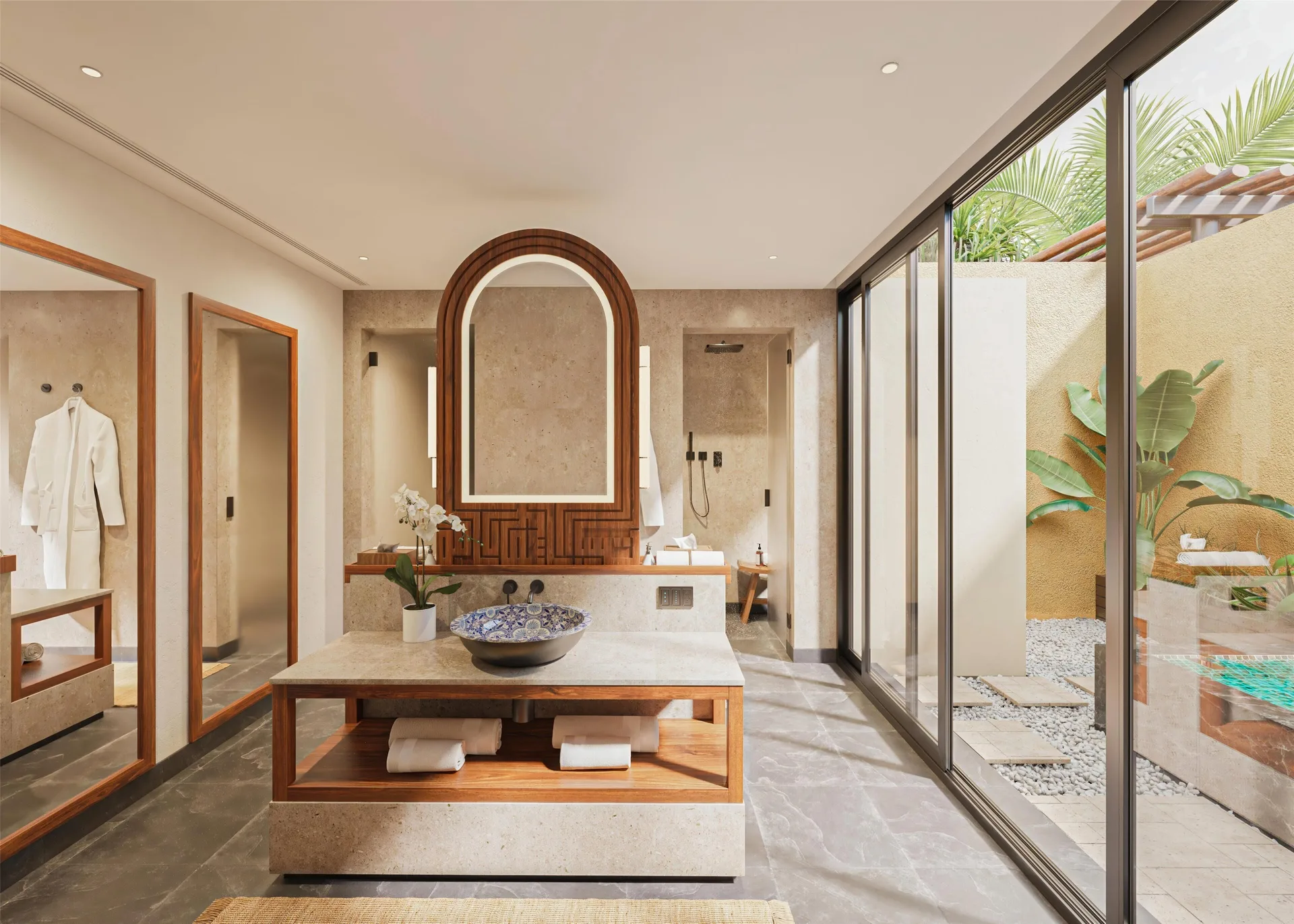 Wellbeing Sanctuary Pool Villa bathroom with garden courtyard at Banyan Tree Mayakoba.
