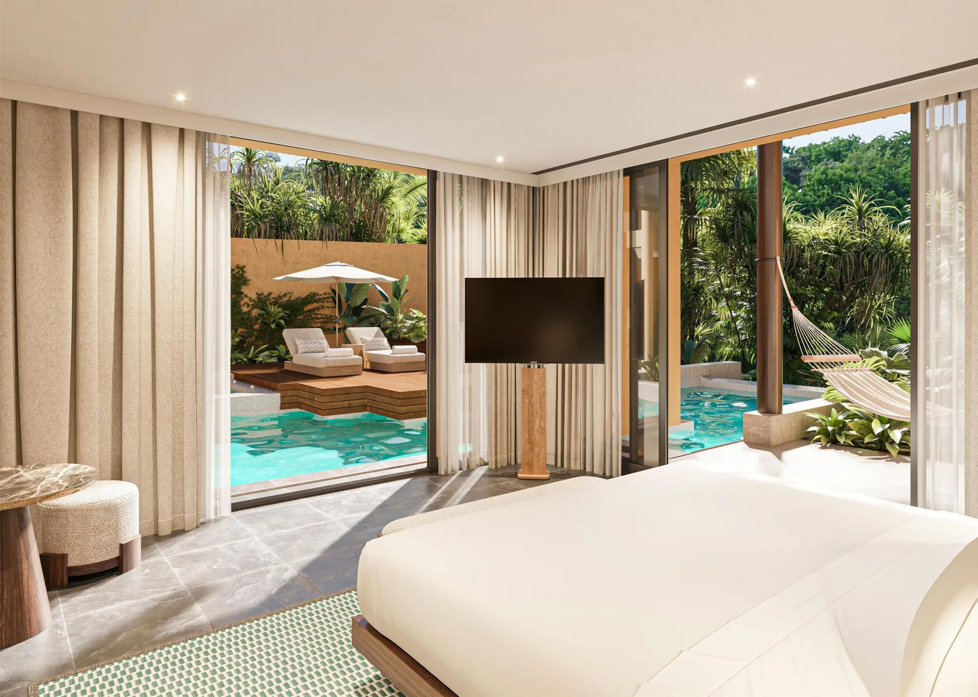 Wellbeing Sanctuary Pool Villa bedroom with pool view at Banyan Tree Mayakoba.