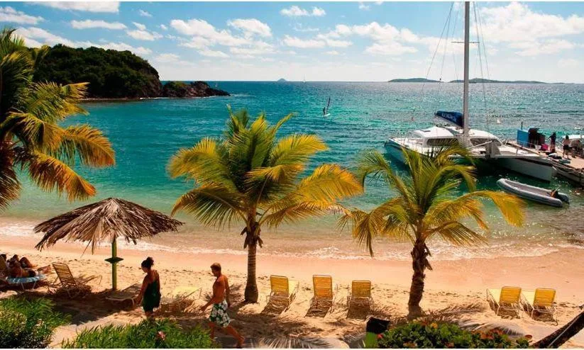 Palm-lined beach with loungers and a catamaran at Bolongo Bay Beach Resort.