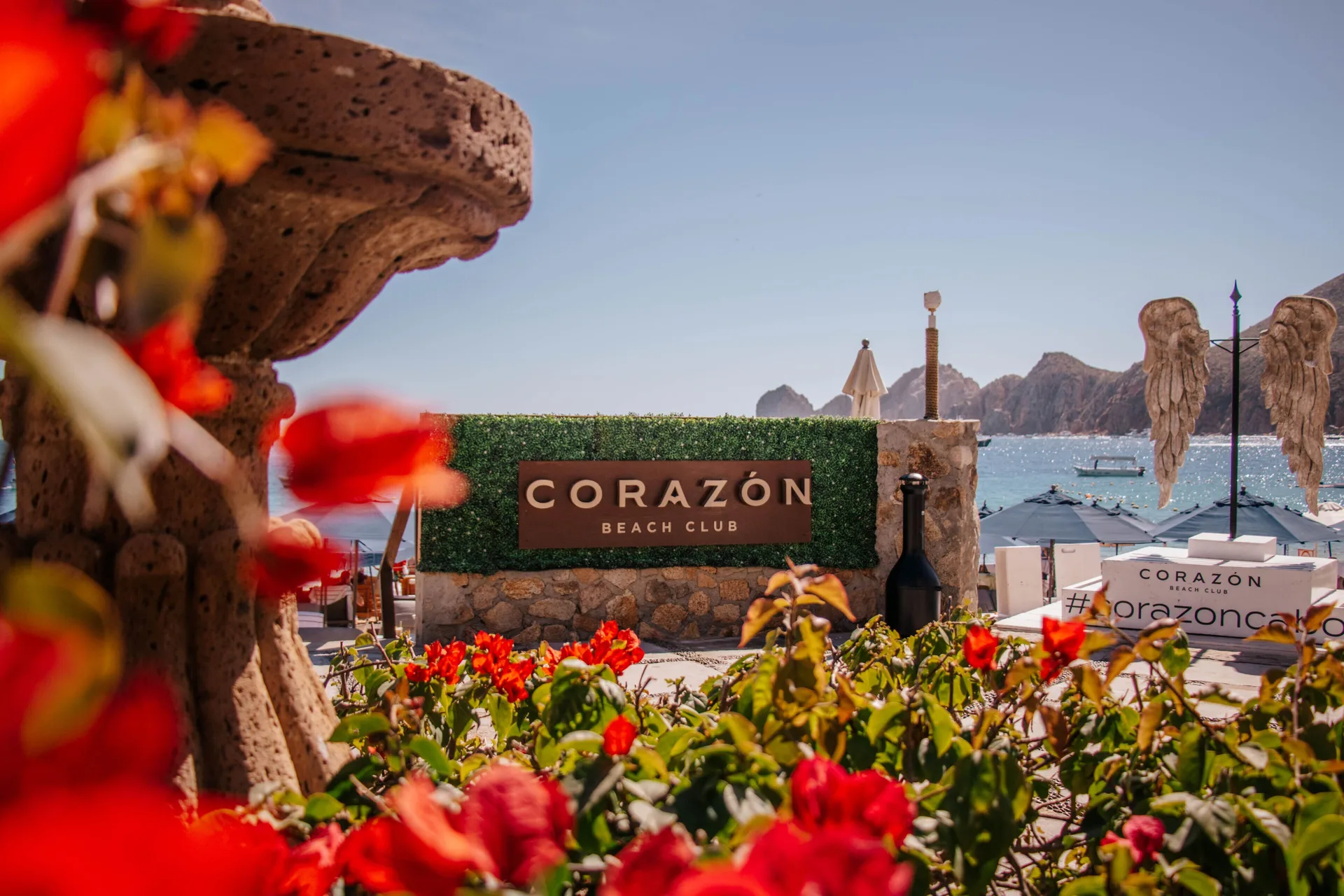 Corazón Beach Club sign with flowers and ocean views at Corazón Cabo.