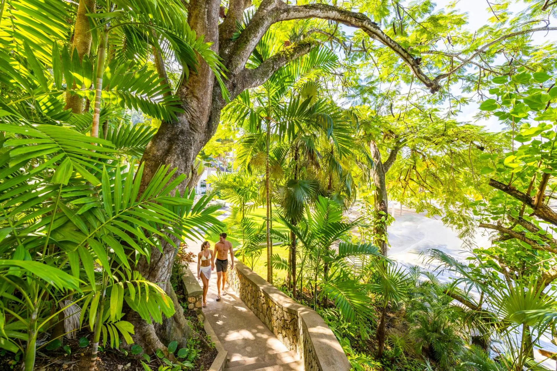 Tropical garden walkway with guests at Couples Sans Souci.