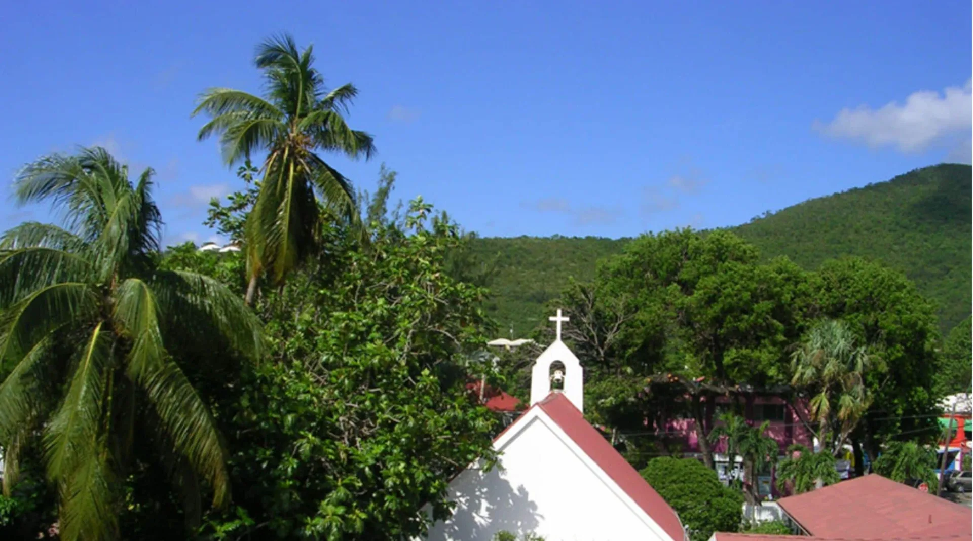 Tropical hillside view with palms and a small church near Cruz Bay Boutique Hotel.