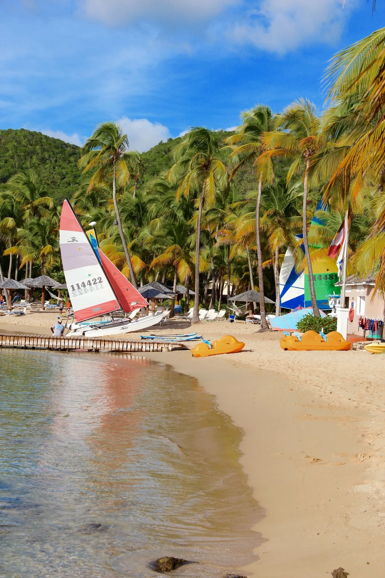 Sailboats and beach chairs line a palm-fringed sandy beach at Curtain Bluff Resort.