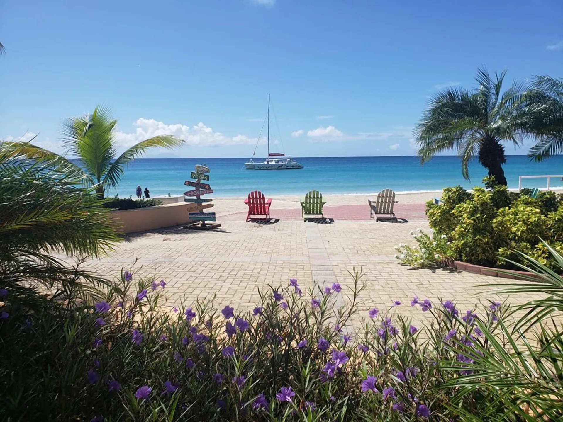 Beach walkway, chairs, flowers, and a catamaran at Divi Little Bay Beach Resort.