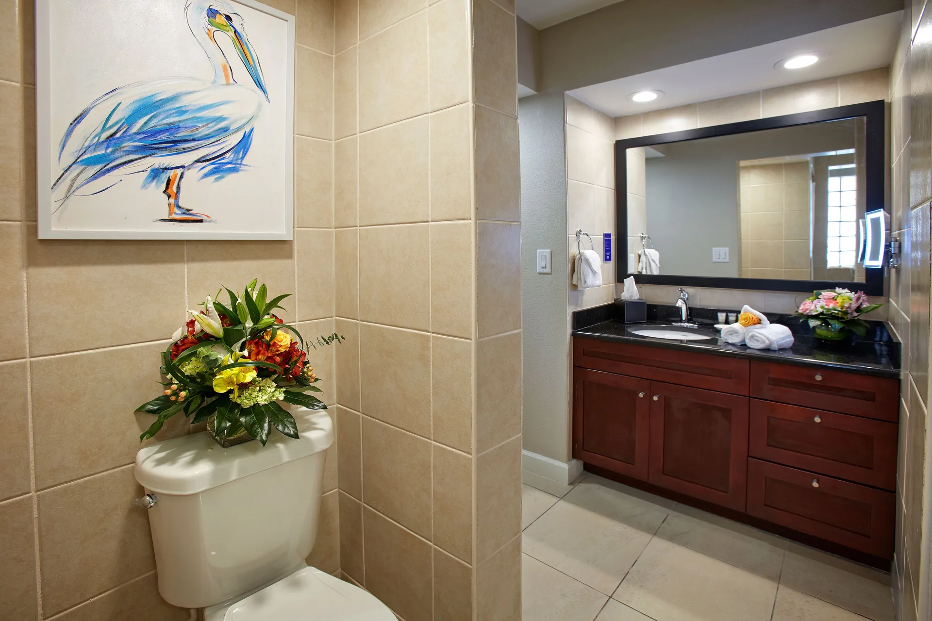Studio Suite bathroom vanity and toilet with pelican artwork at Divi Little Bay Beach Resort.