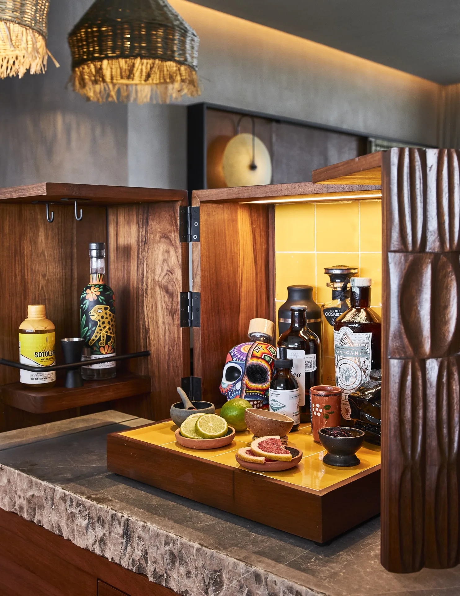 In-room bar cabinet in a Mangrove Studio at Etéreo, Auberge Collection.