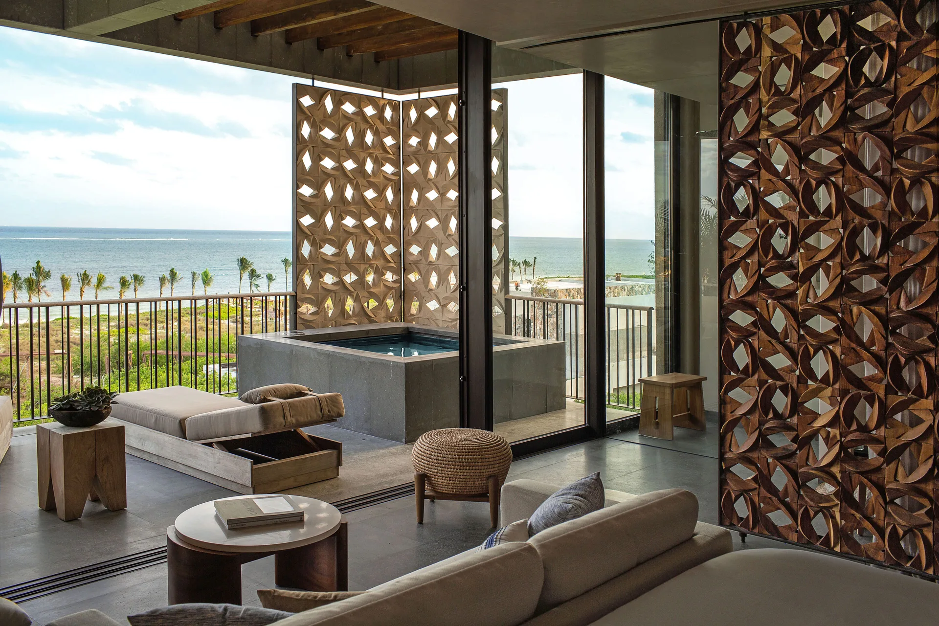 Ocean Studio living area with plunge pool terrace and ocean view at Etéreo, Auberge Collection.