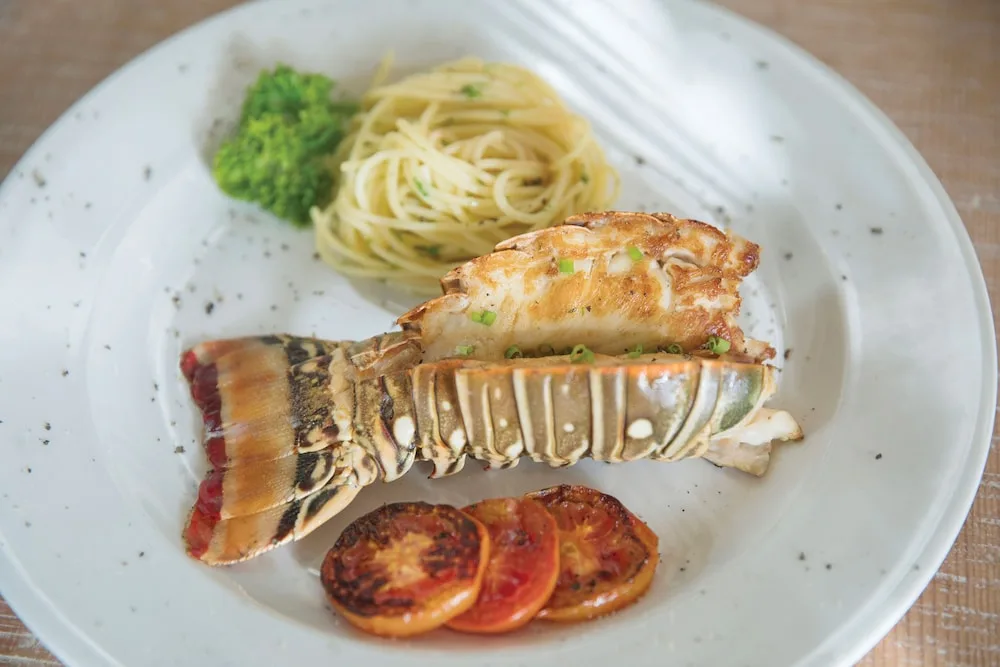 Plated lobster with pasta and vegetables at Excellence Playa Mujeres.