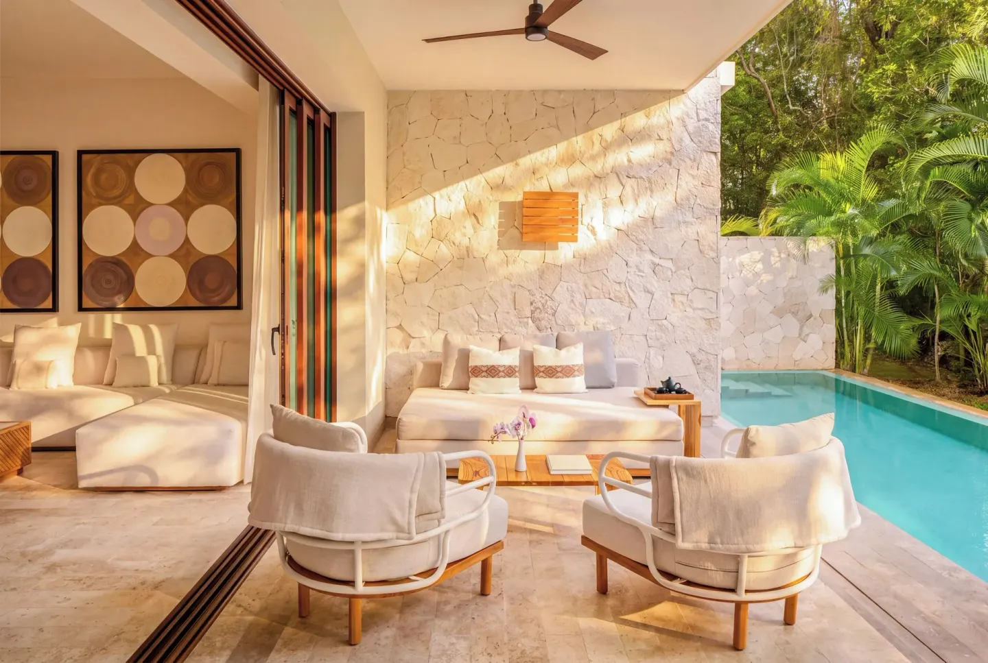 Covered terrace beside the private pool at Fairmont Heritage Place Mayakoba.