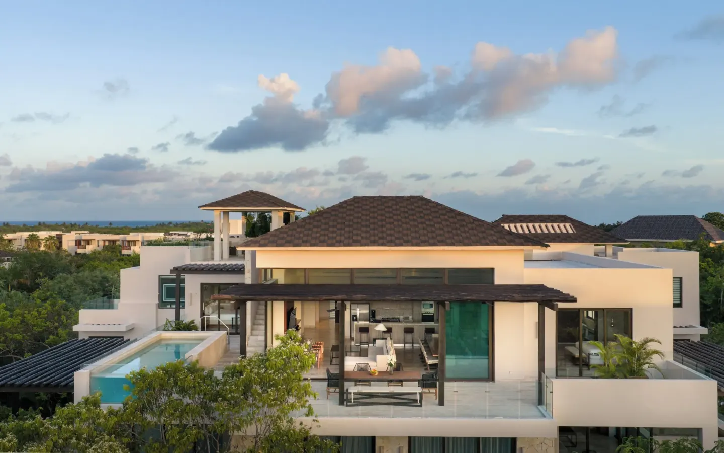 Exterior of a four-bedroom penthouse villa with terrace pool at Fairmont Heritage Place Mayakoba.