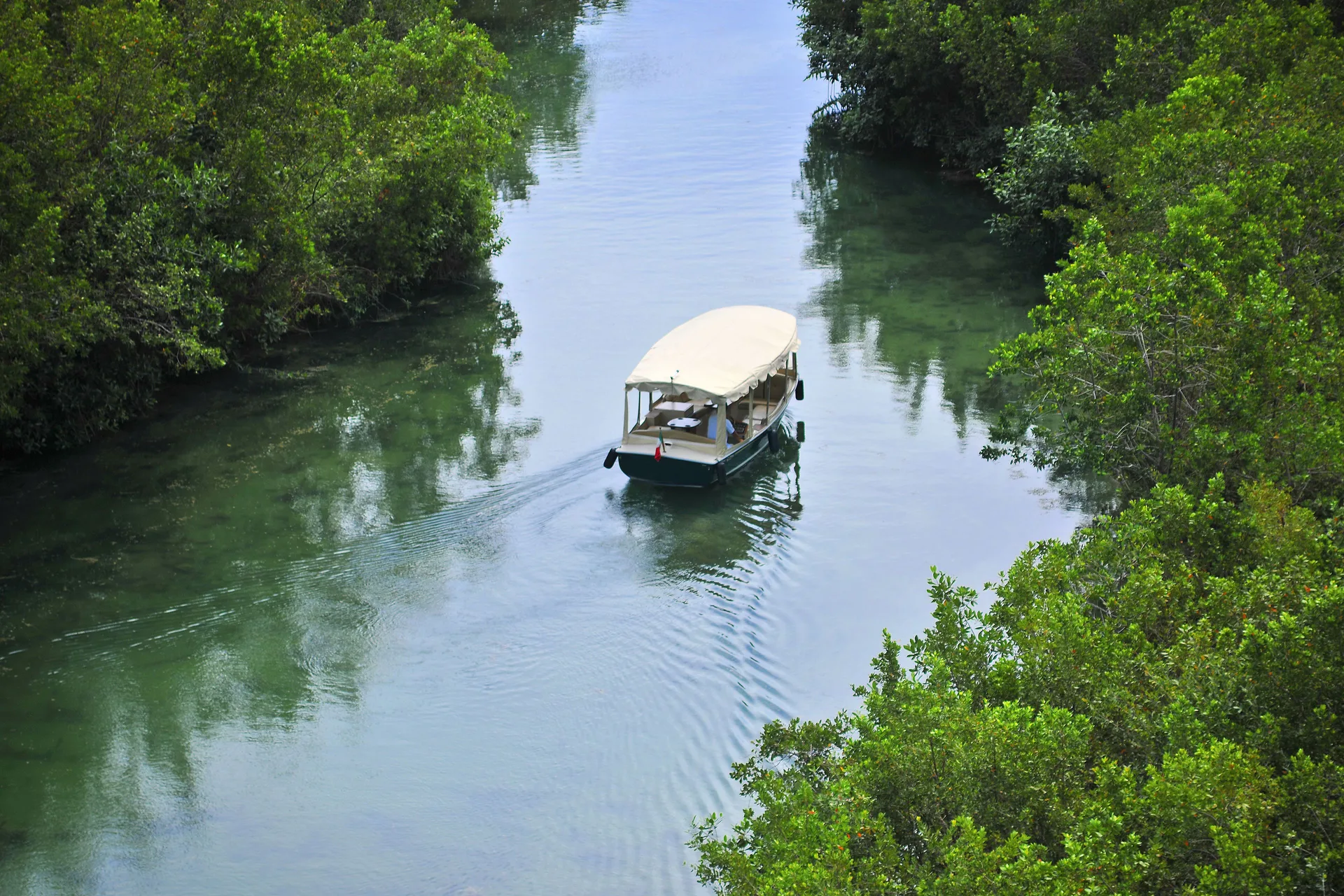Covered boat traveling along a mangrove canal at Fairmont Mayakoba.