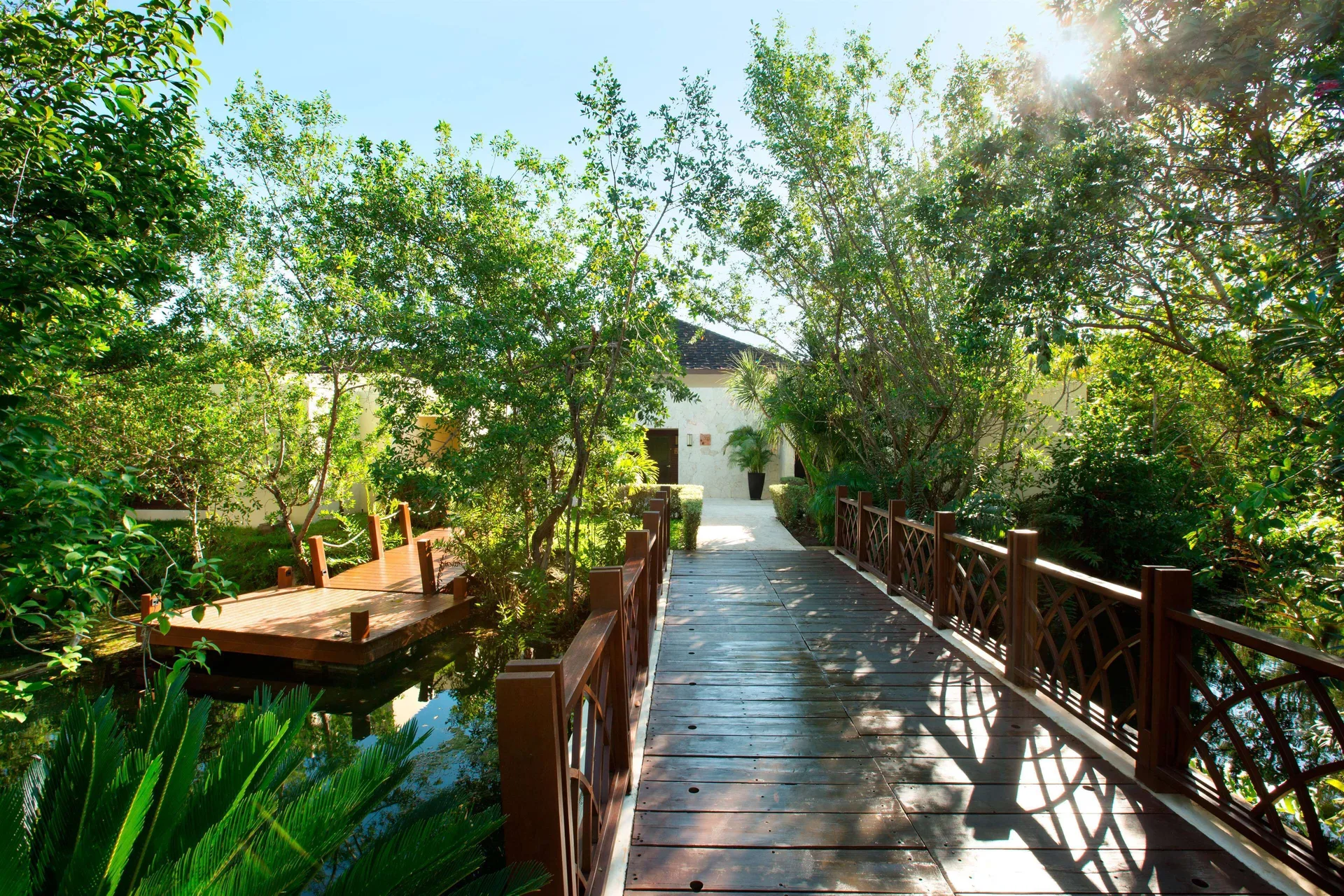 Wooden walkway over a canal through lush trees at Fairmont Mayakoba.