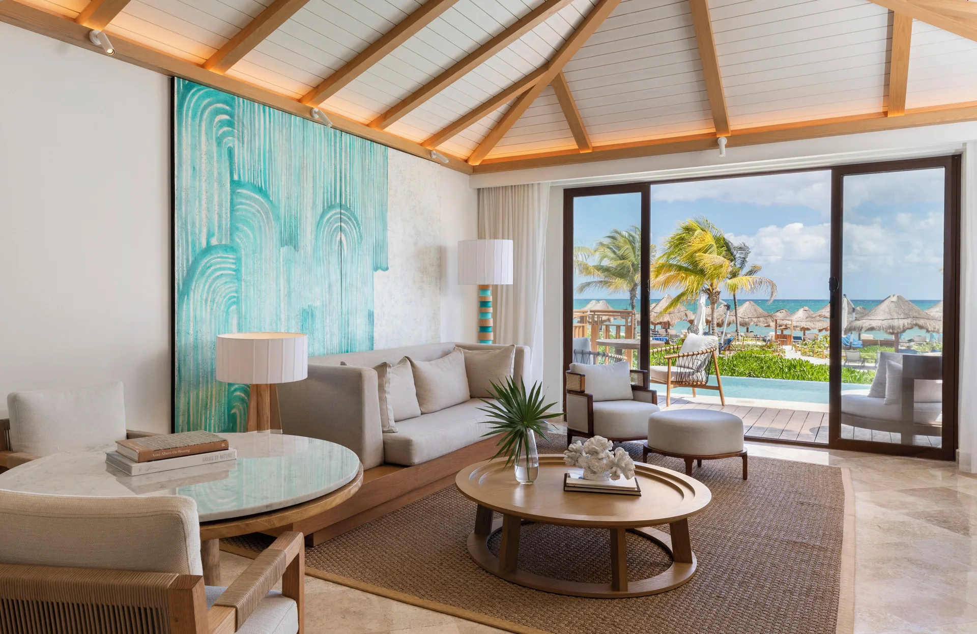 Beachfront casita suite living room with ocean view at Fairmont Mayakoba.