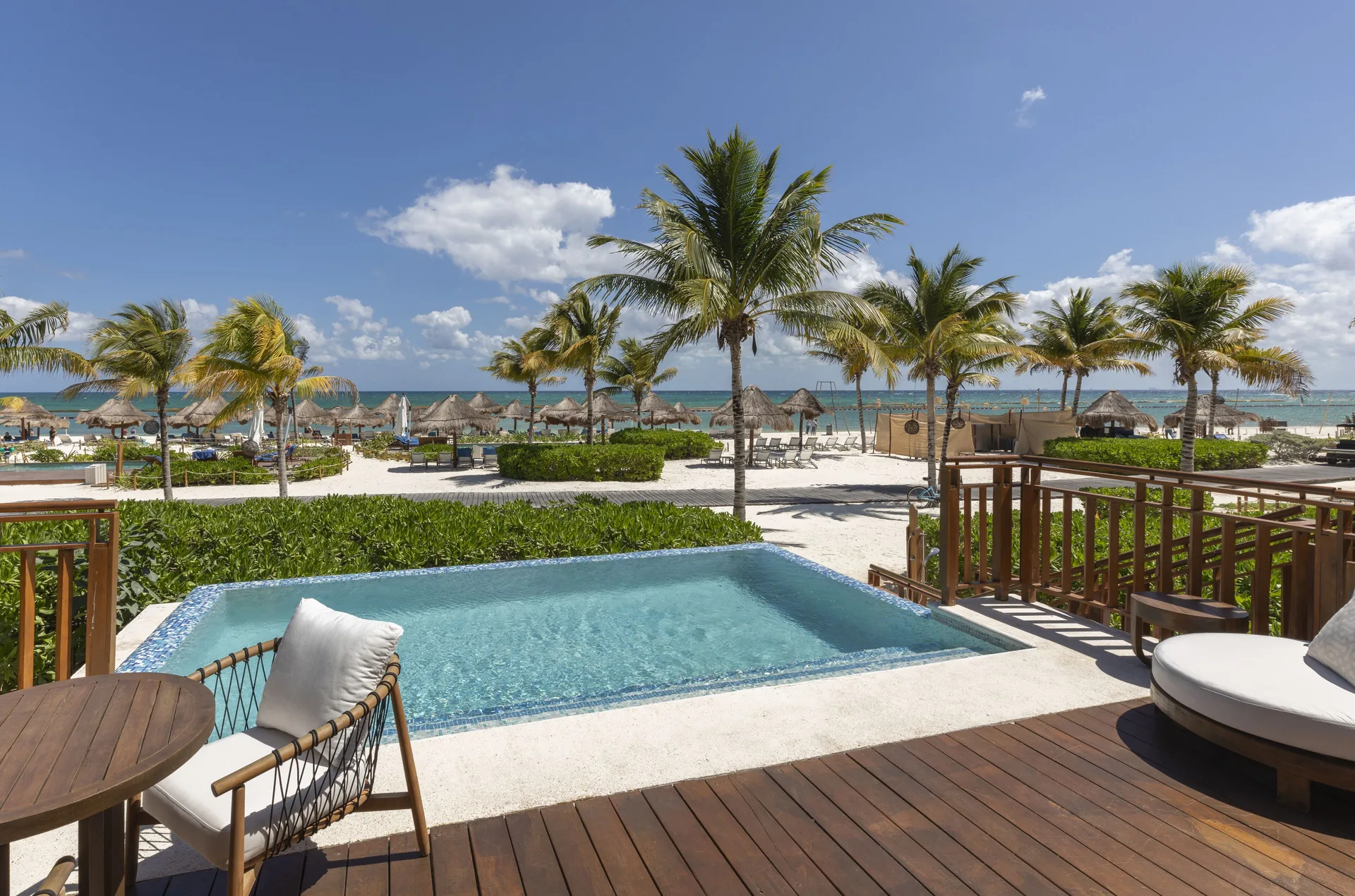 Beachfront casita terrace with plunge pool and beach view at Fairmont Mayakoba.