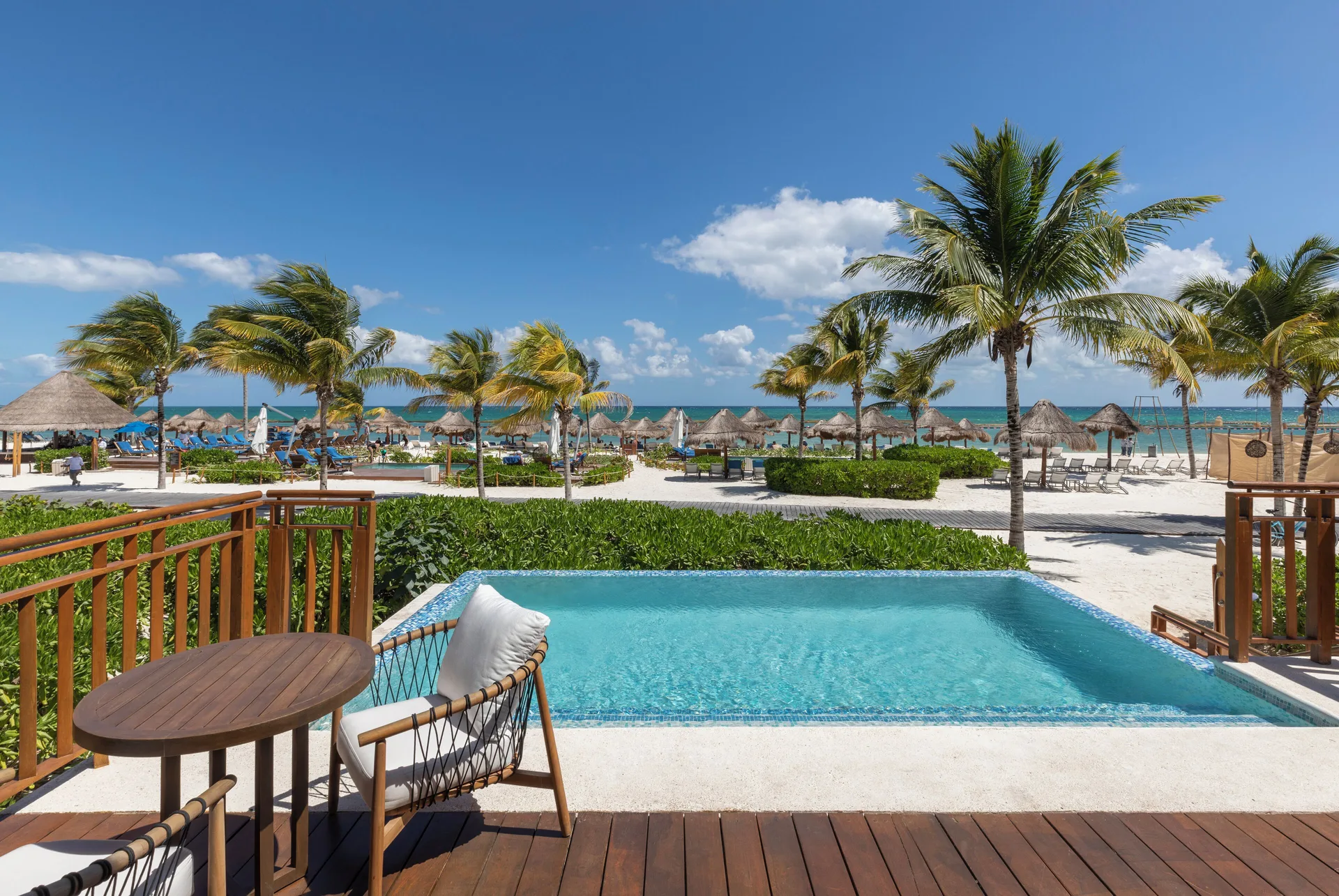 Beachfront casita terrace with plunge pool and ocean view at Fairmont Mayakoba.