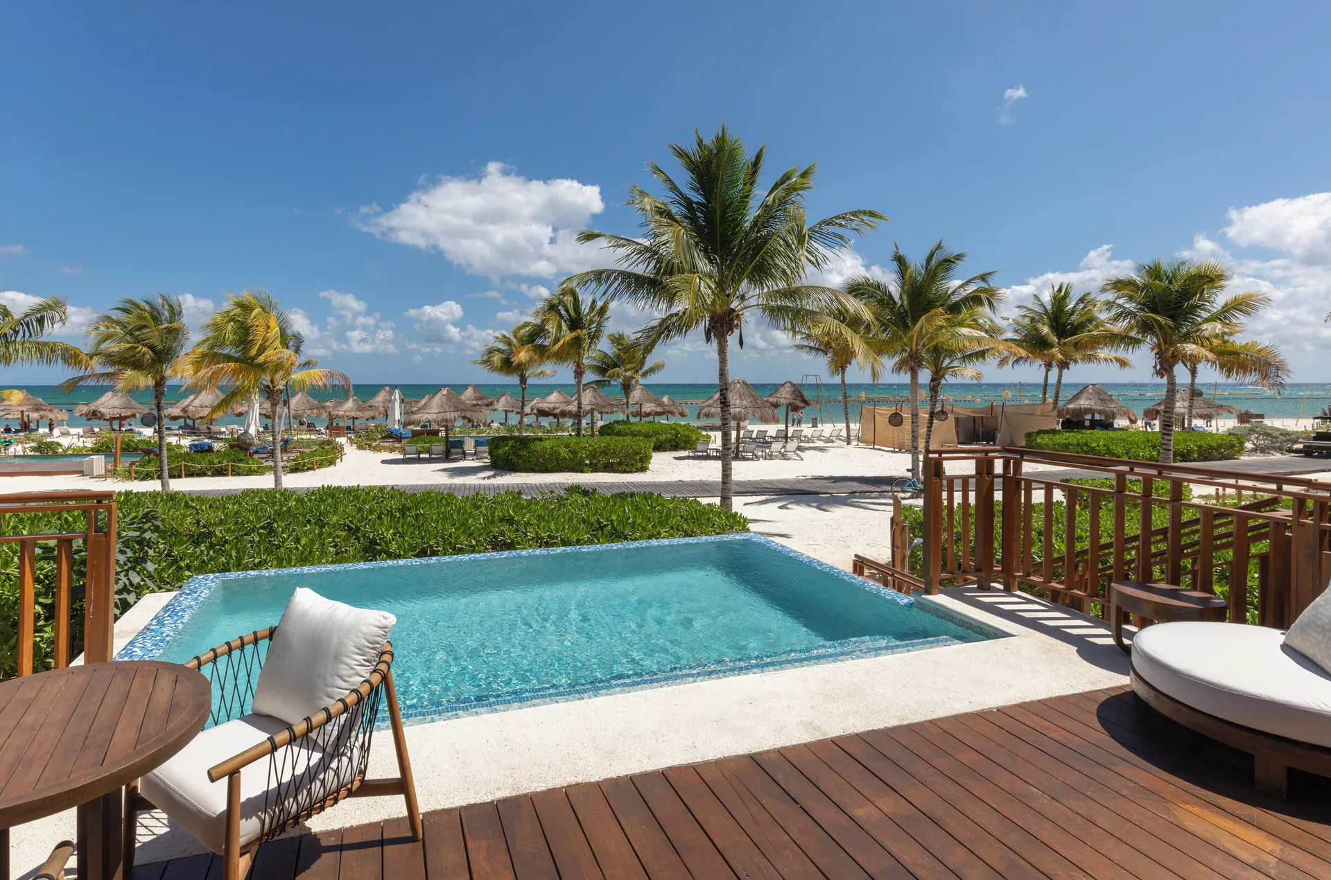 Beachfront terrace with plunge pool and ocean view at Fairmont Mayakoba.