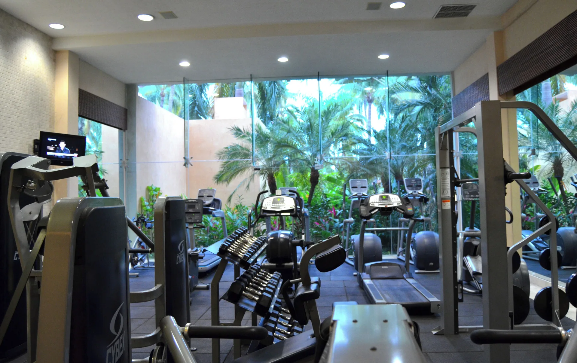 Fitness center with cardio machines and garden-facing windows at Fiesta Americana Puerto Vallarta & Spa.