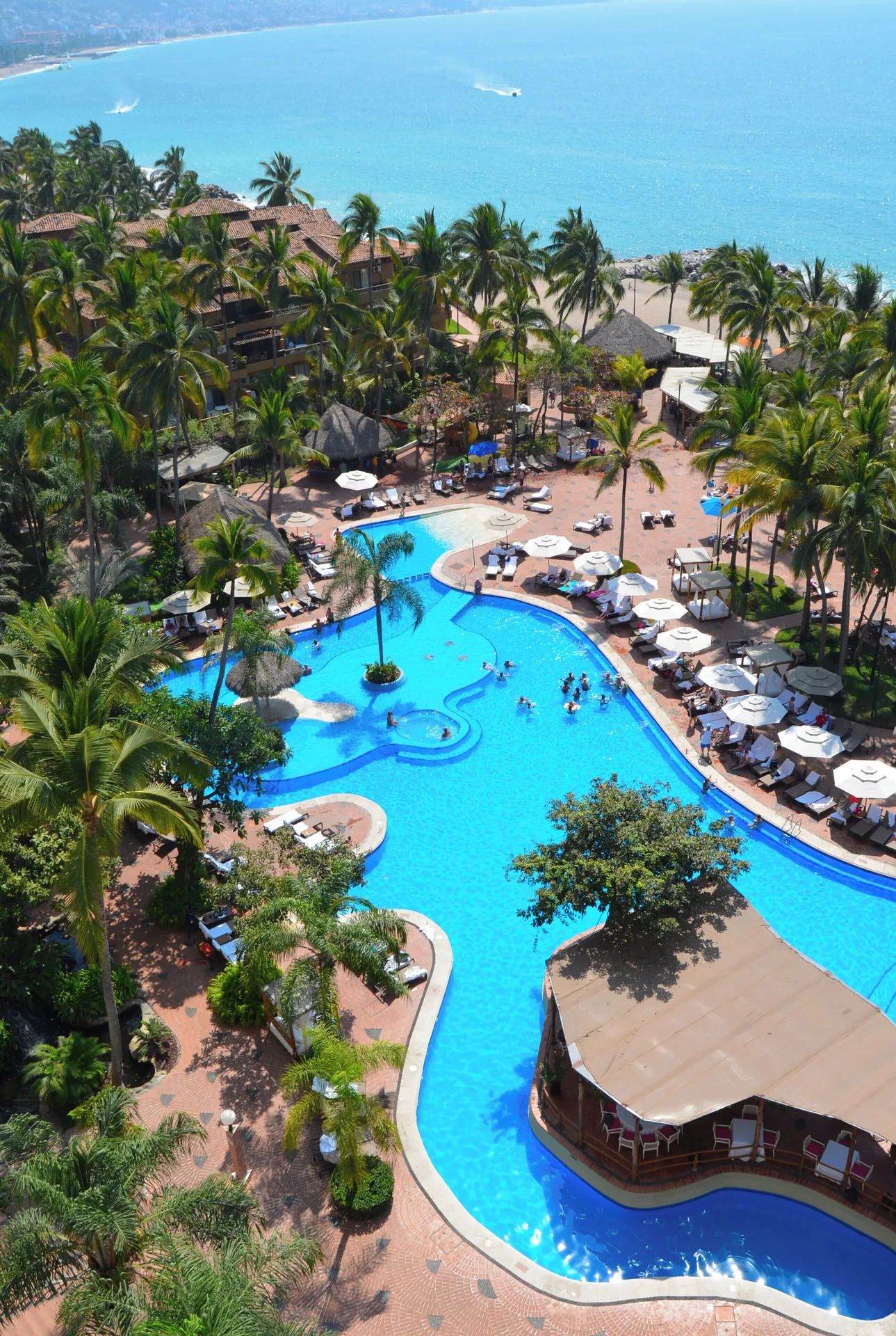 View from Fiesta Americana Puerto Vallarta & Spa at Fiesta Americana Puerto Vallarta & Spa over pools, palms, and ocean.