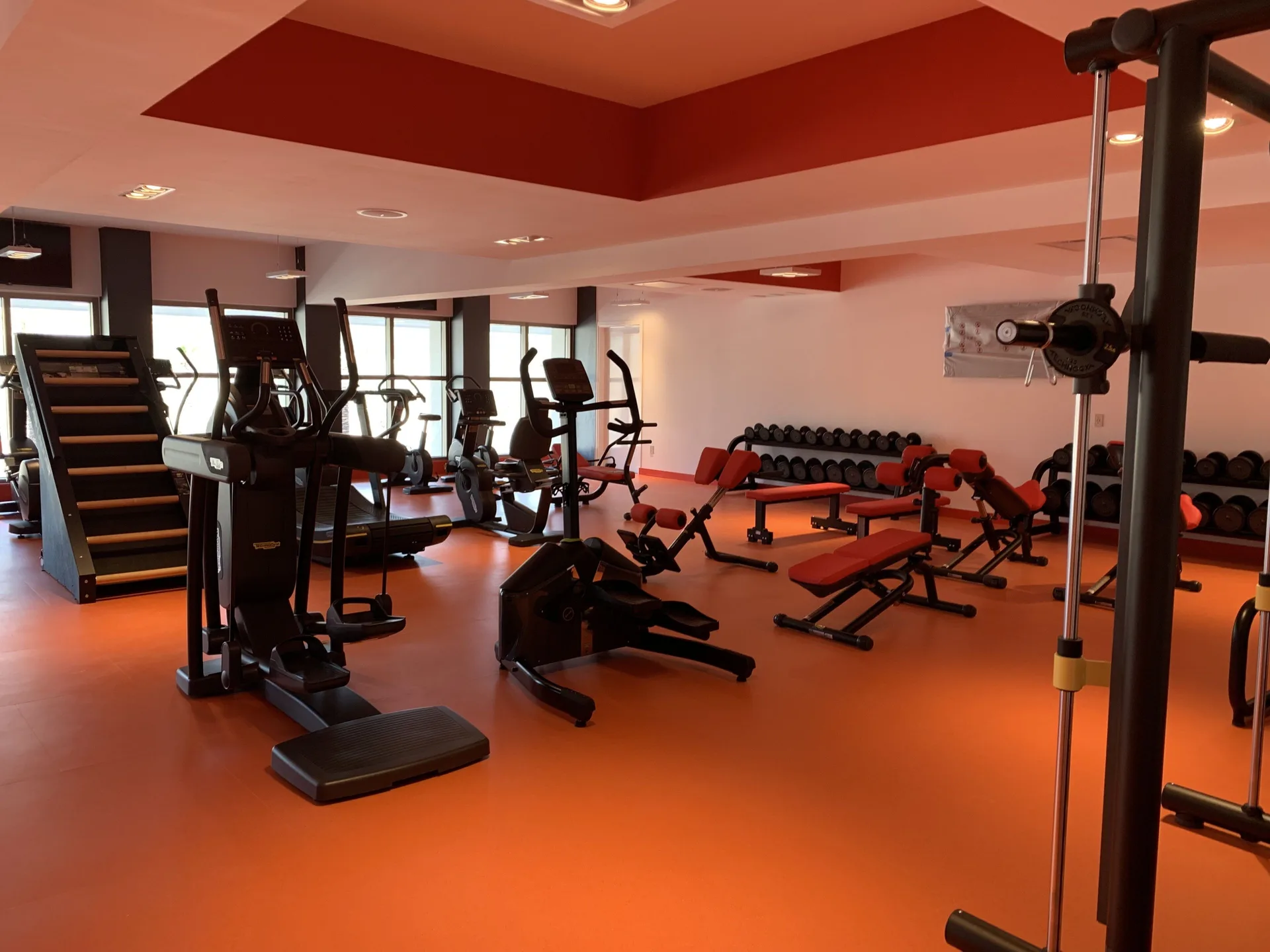 Gym floor with cardio machines, benches, and dumbbell racks at Garza Blanca Los Cabos.