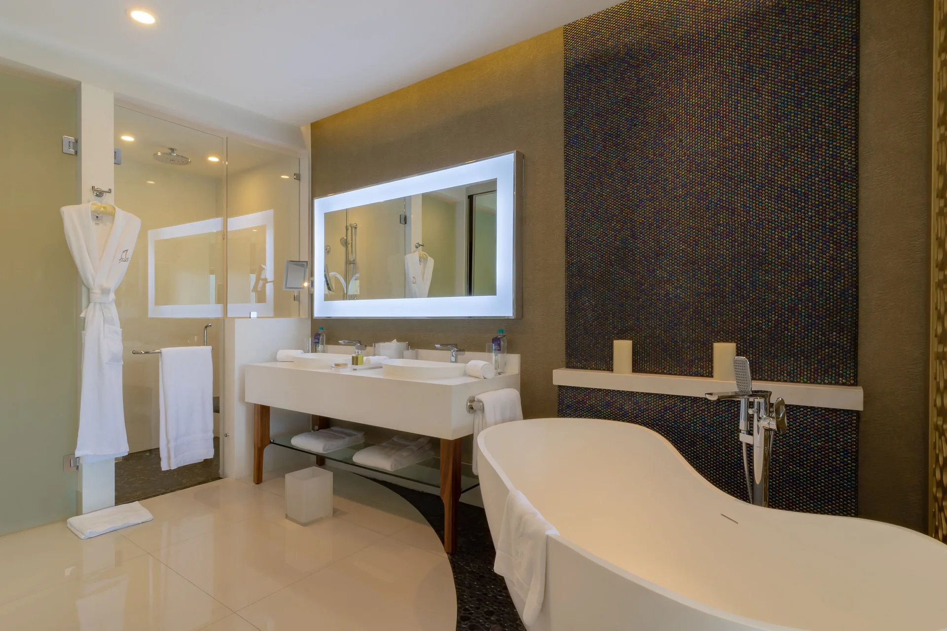 Junior Suite bathroom with soaking tub and double vanity at Garza Blanca Los Cabos.