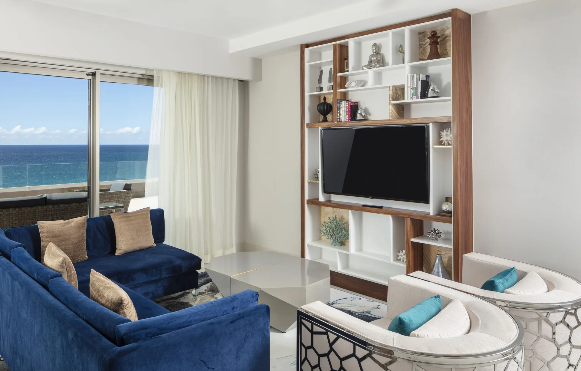 Ocean-view living room in a 3 Bedroom Ocean View Suite at Garza Blanca Los Cabos.
