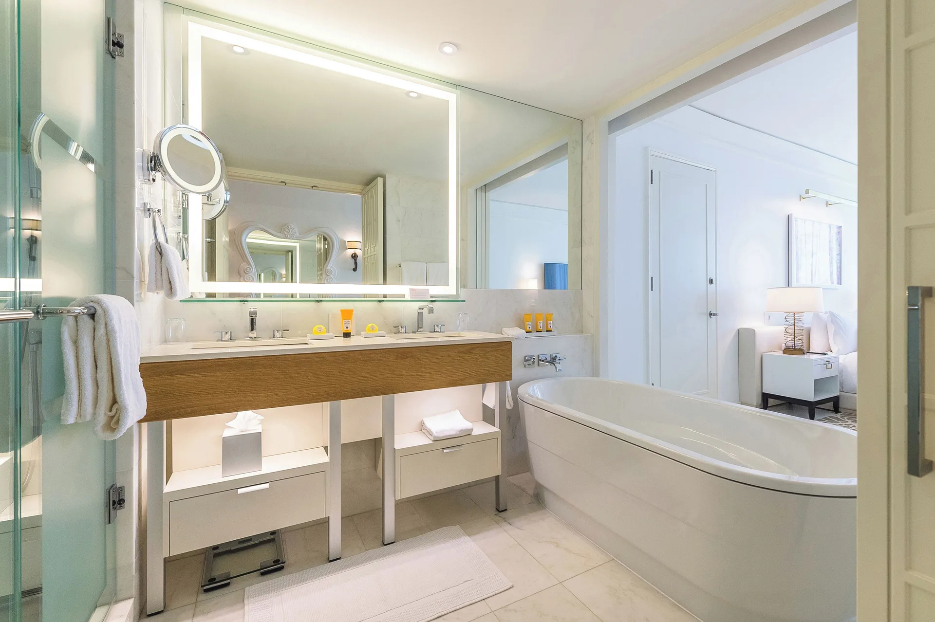 Marble bathroom with soaking tub and double vanity at Grand Hyatt Baha Mar.