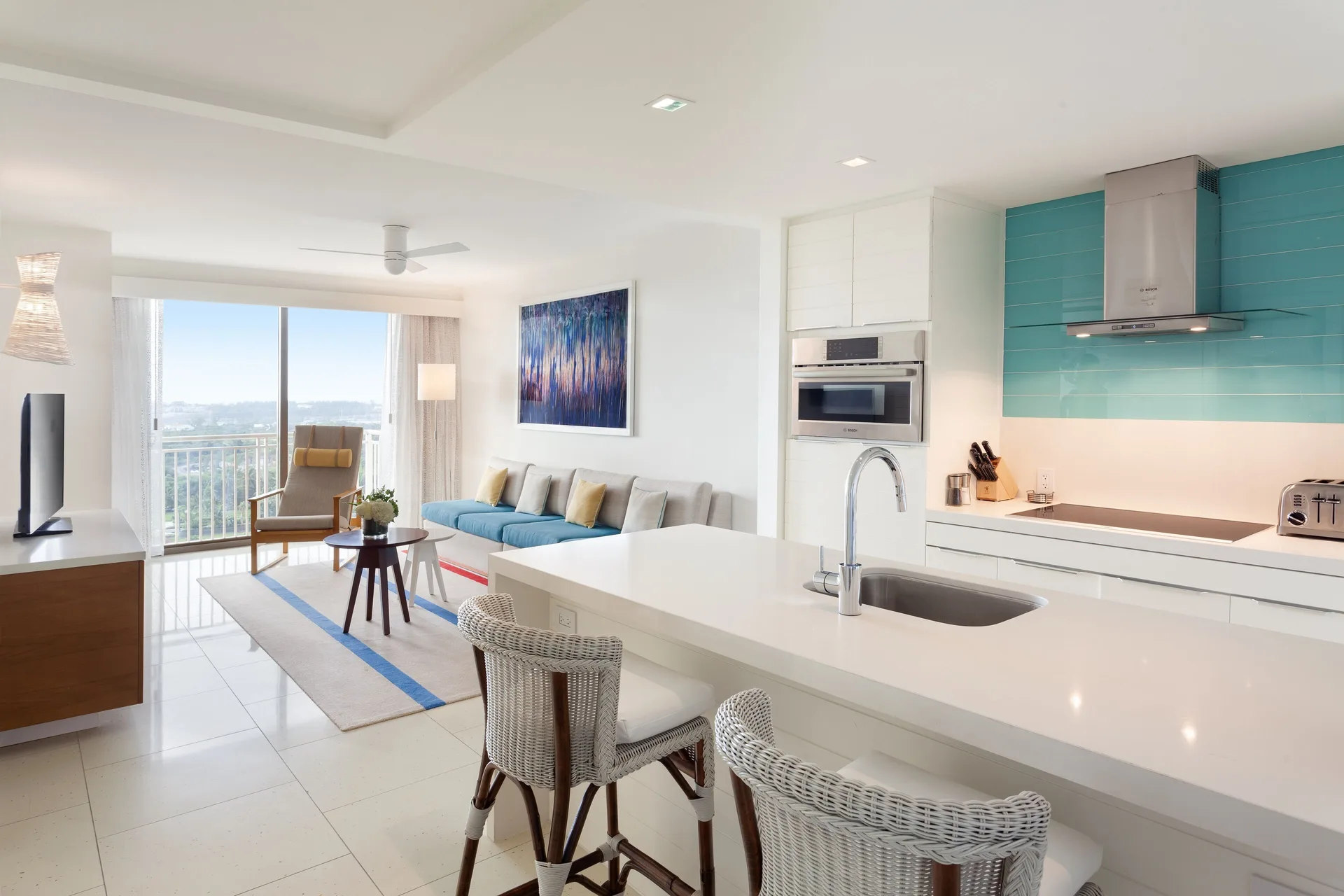 Open kitchen and living area in a one-bedroom residence at Grand Hyatt Baha Mar.