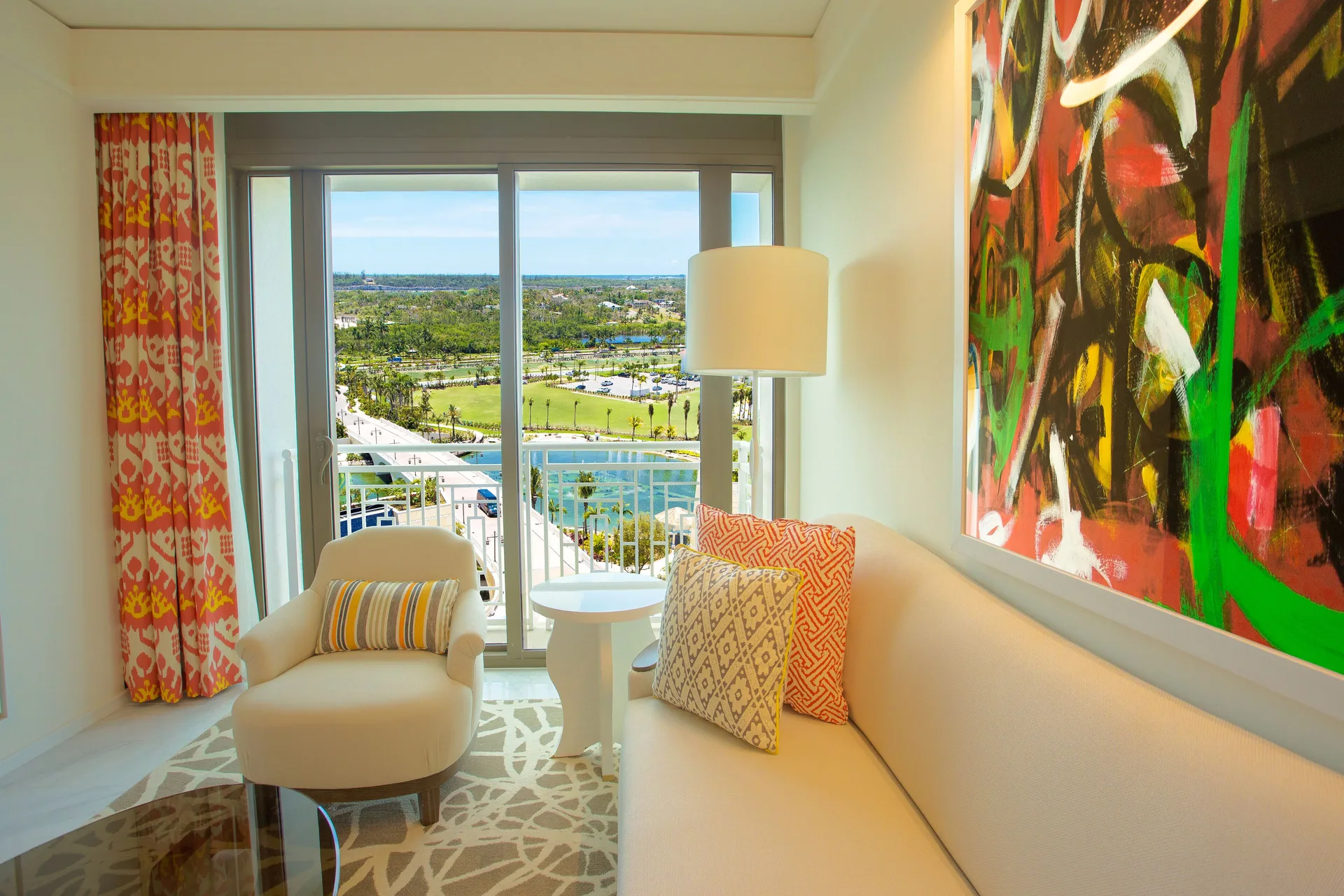Sitting area with balcony and fountain-view windows at Grand Hyatt Baha Mar.