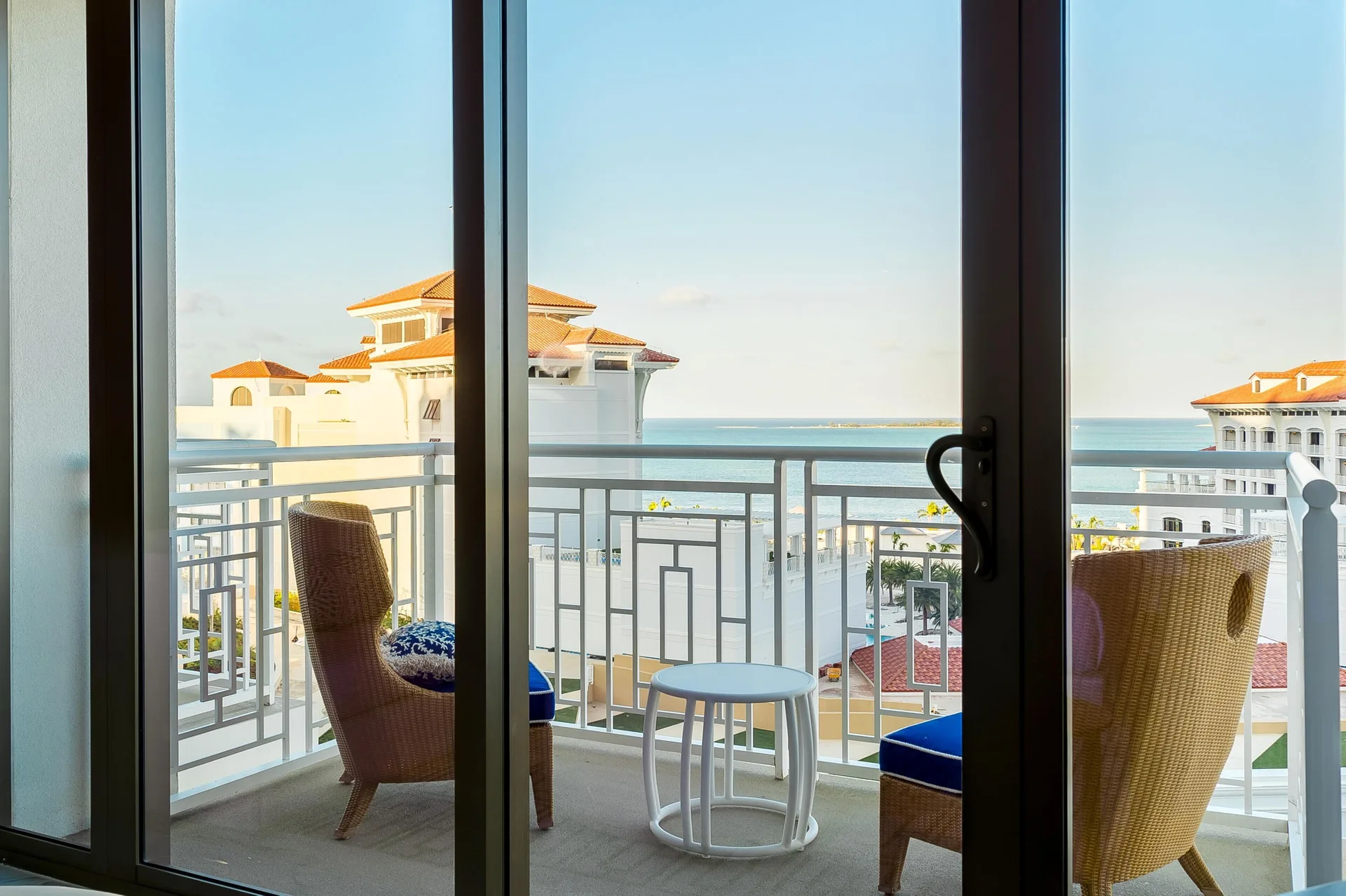 Balcony ocean view seen through sliding doors at Grand Hyatt Baha Mar.