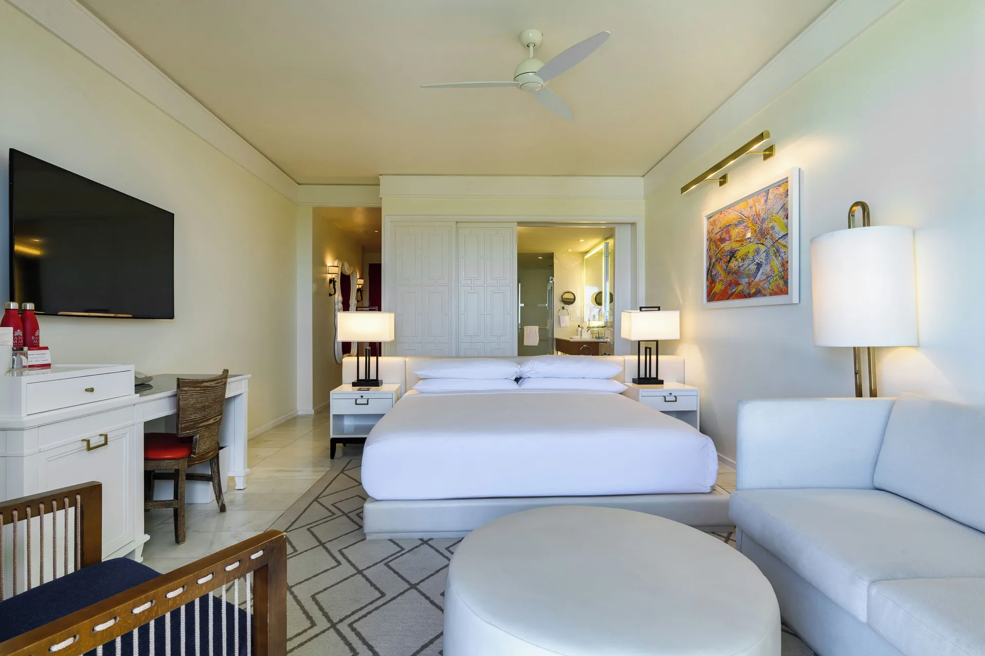 Fountain View Reserve king room with sofa seating at Grand Hyatt Baha Mar.