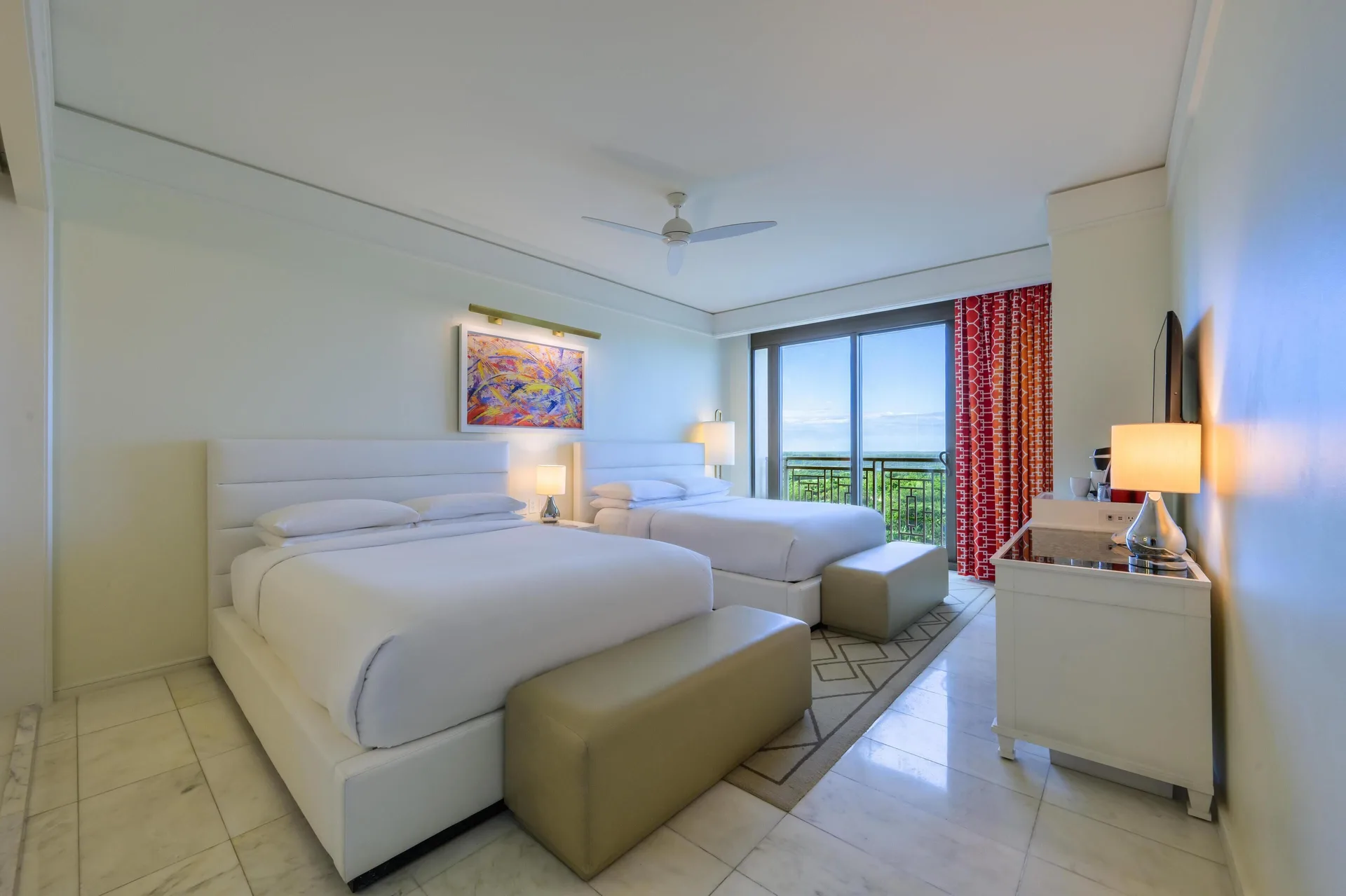 Fountain View Reserve two-bed room with balcony light at Grand Hyatt Baha Mar.