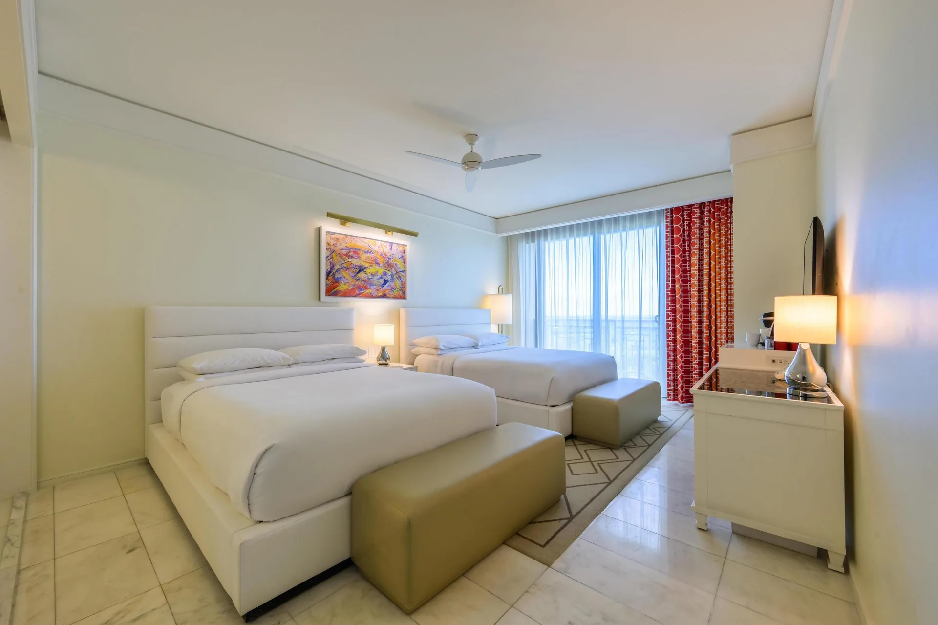 Two-bed Fountain View Reserve room with balcony doors at Grand Hyatt Baha Mar.