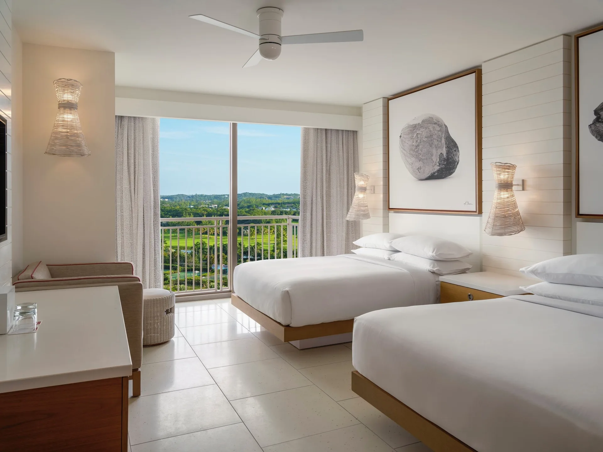 Two-bed fountain view room with balcony doors at Grand Hyatt Baha Mar.